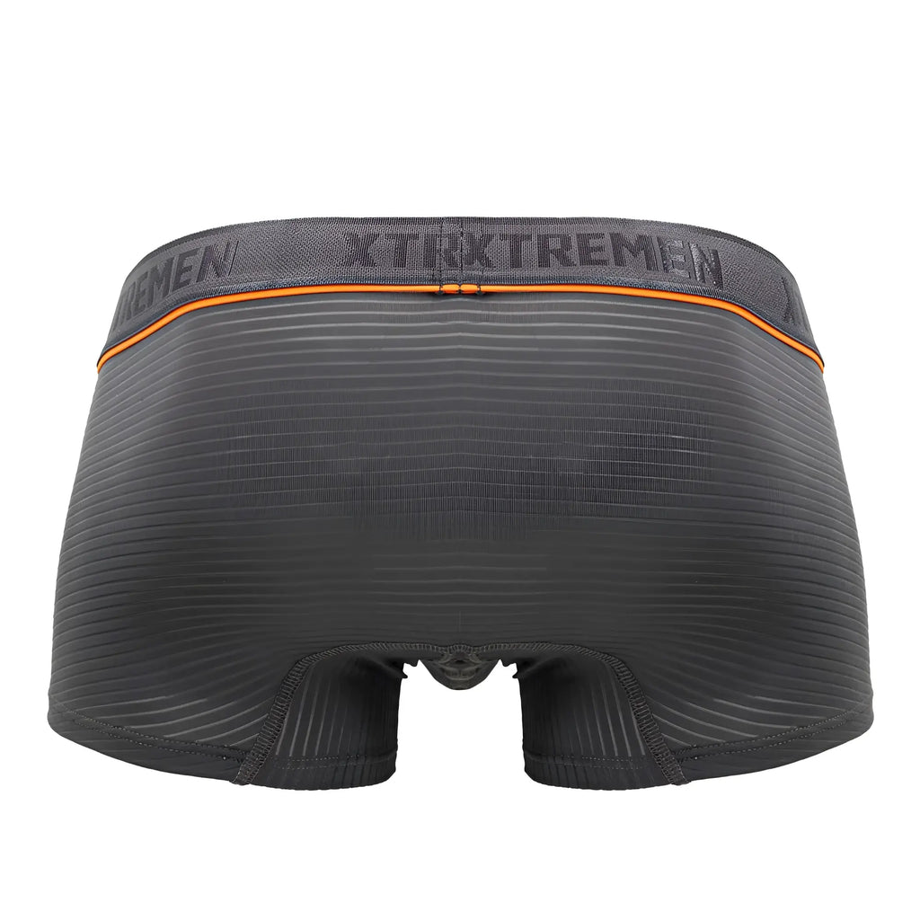Dark gray ribbed xtremen 91196 jacquard trunks with orange trim and branded waistband for men