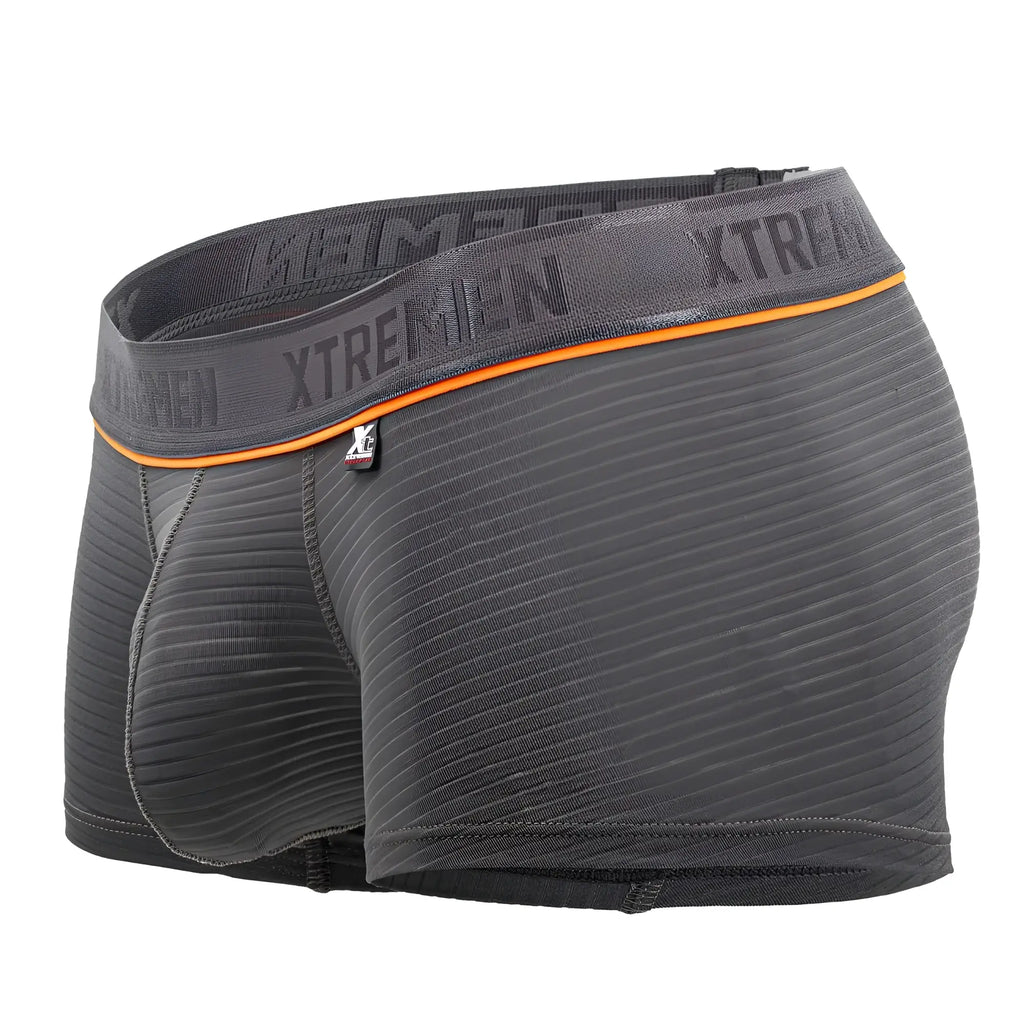 Dark gray textured jacquard fabric briefs with orange trim and xtremen branding on the waistband