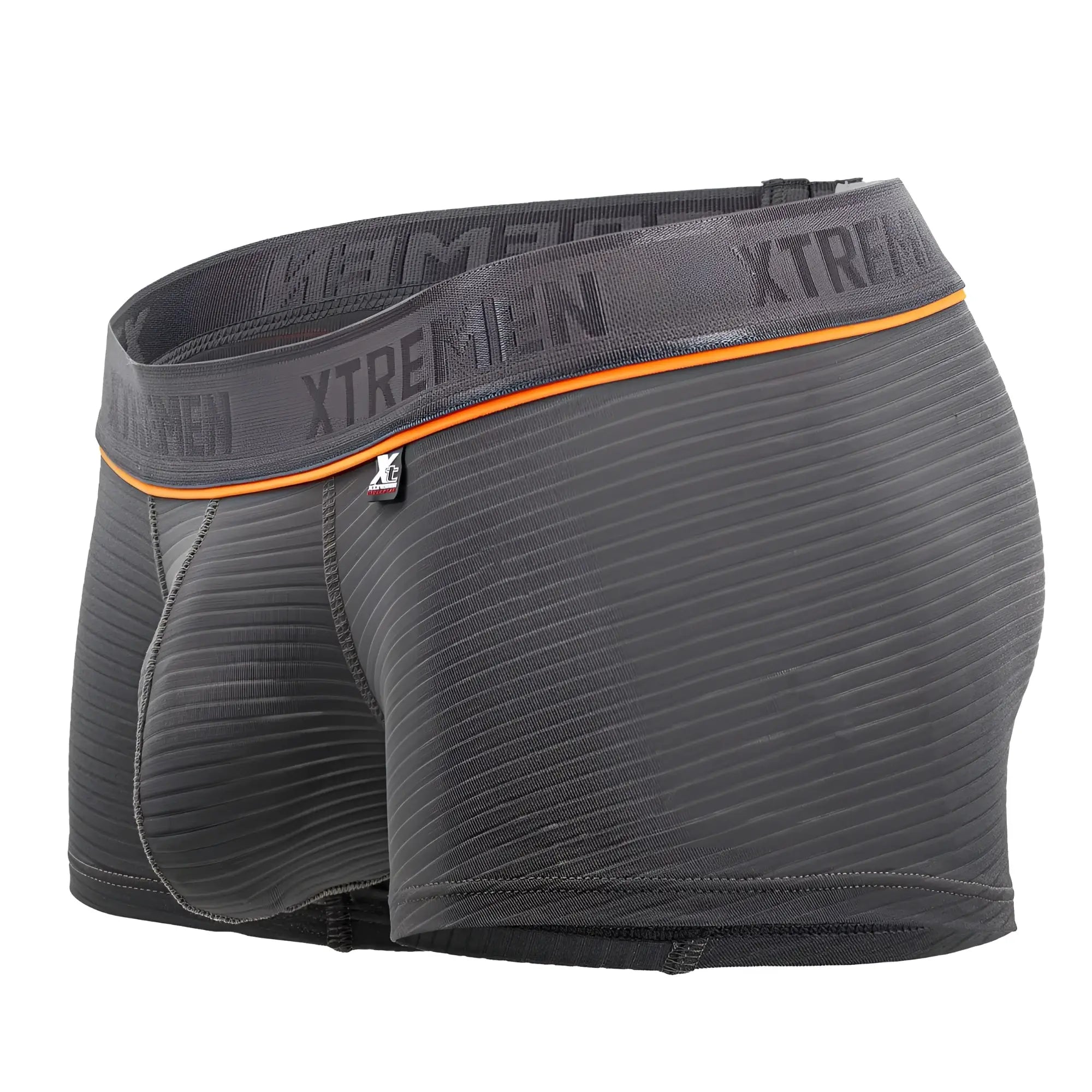Dark gray textured jacquard fabric briefs with orange trim and xtremen branding on the waistband