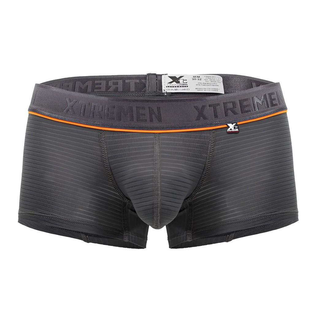 Dark gray xtremen 91196 jacquard trunks boxer briefs with textured ribbed fabric and orange waistband accent stripe