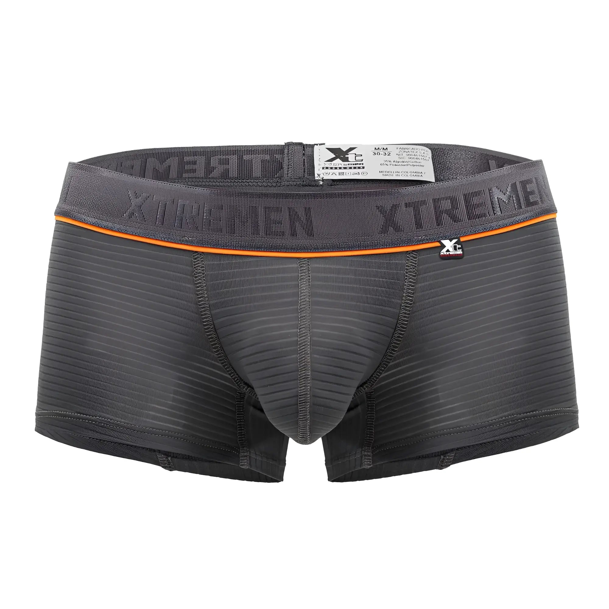 Dark gray xtremen 91196 jacquard trunks boxer briefs with textured ribbed fabric and orange waistband accent stripe