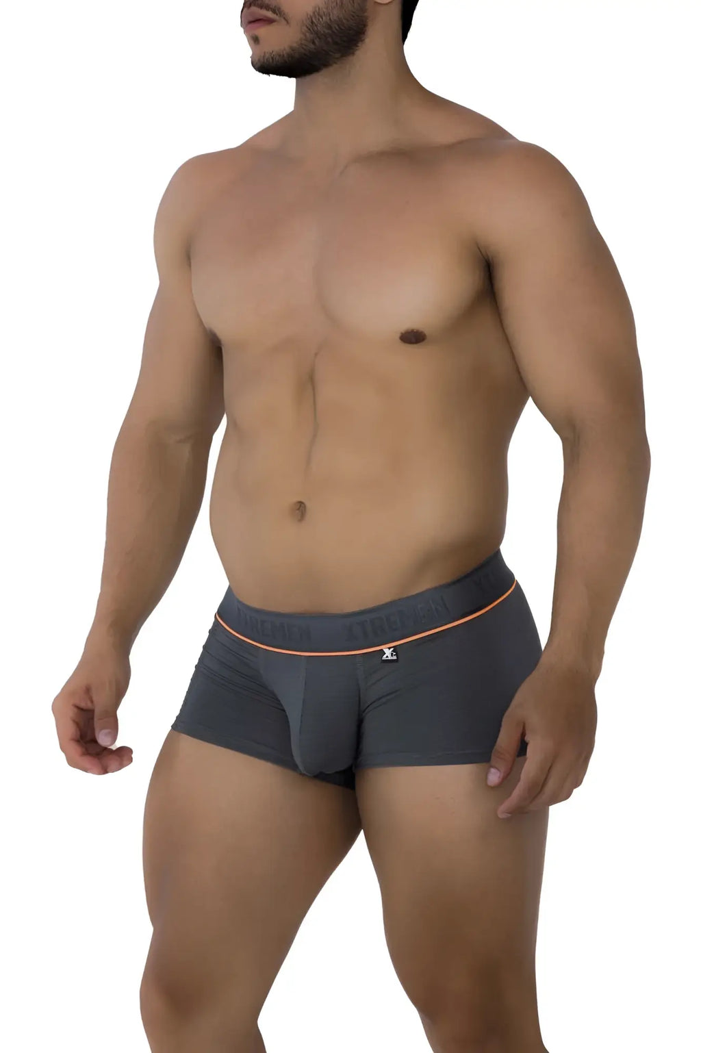 Gray xtremen 91196 jacquard men’s briefs with subtle orange waistband trim and small front logo