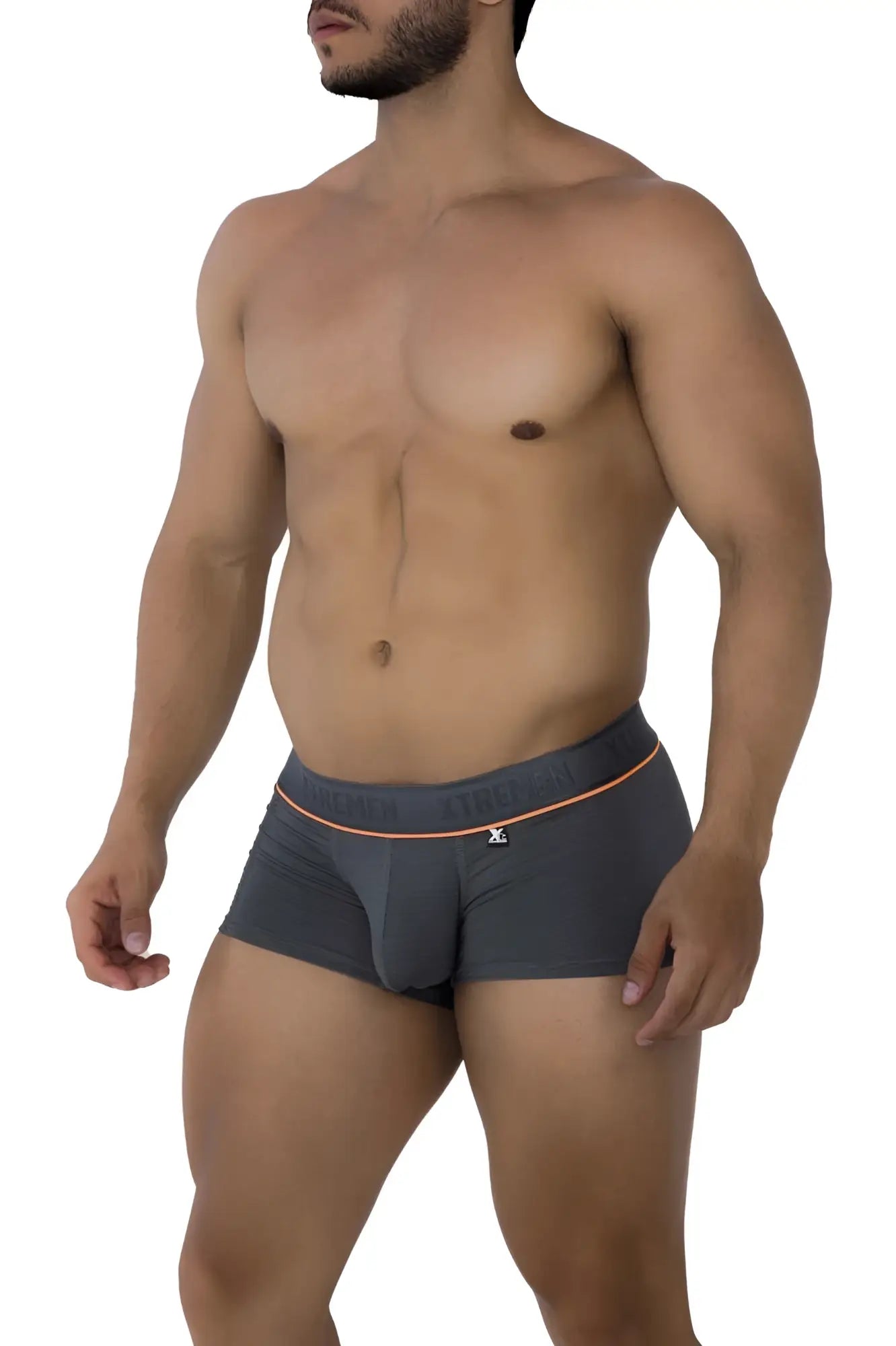 Gray xtremen 91196 jacquard men’s briefs with subtle orange waistband trim and small front logo