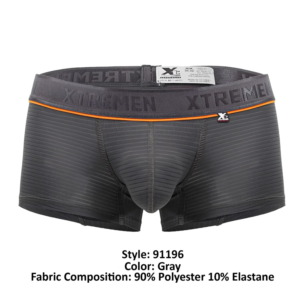 Gray xtrememen boxer briefs in ribbed jacquard fabric with orange waistband trim xtremen 91196 trunks gray