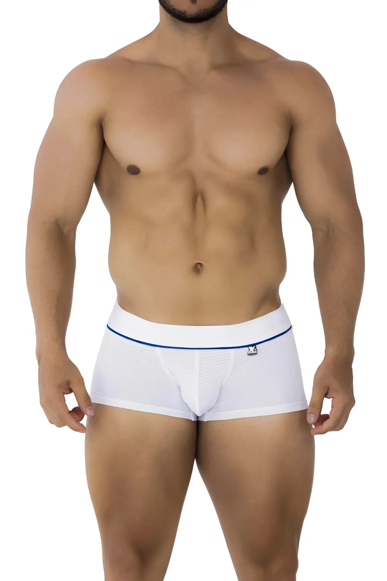 White xtremen 91196 jacquard trunks with blue trim and logo waistband men’s briefs in soft jacquard fabric
