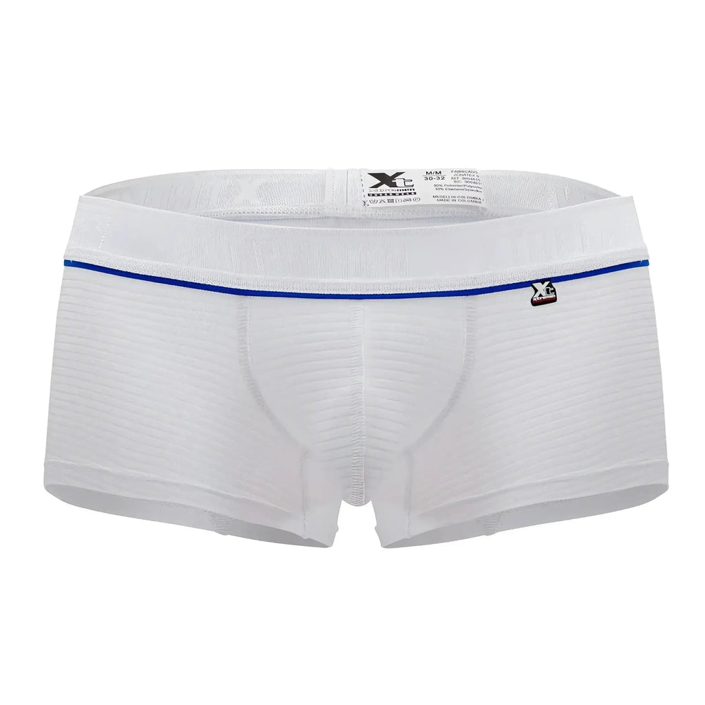 White xtremen 91196 jacquard trunks with ribbed texture thin blue waistband trim and small branded logo on side