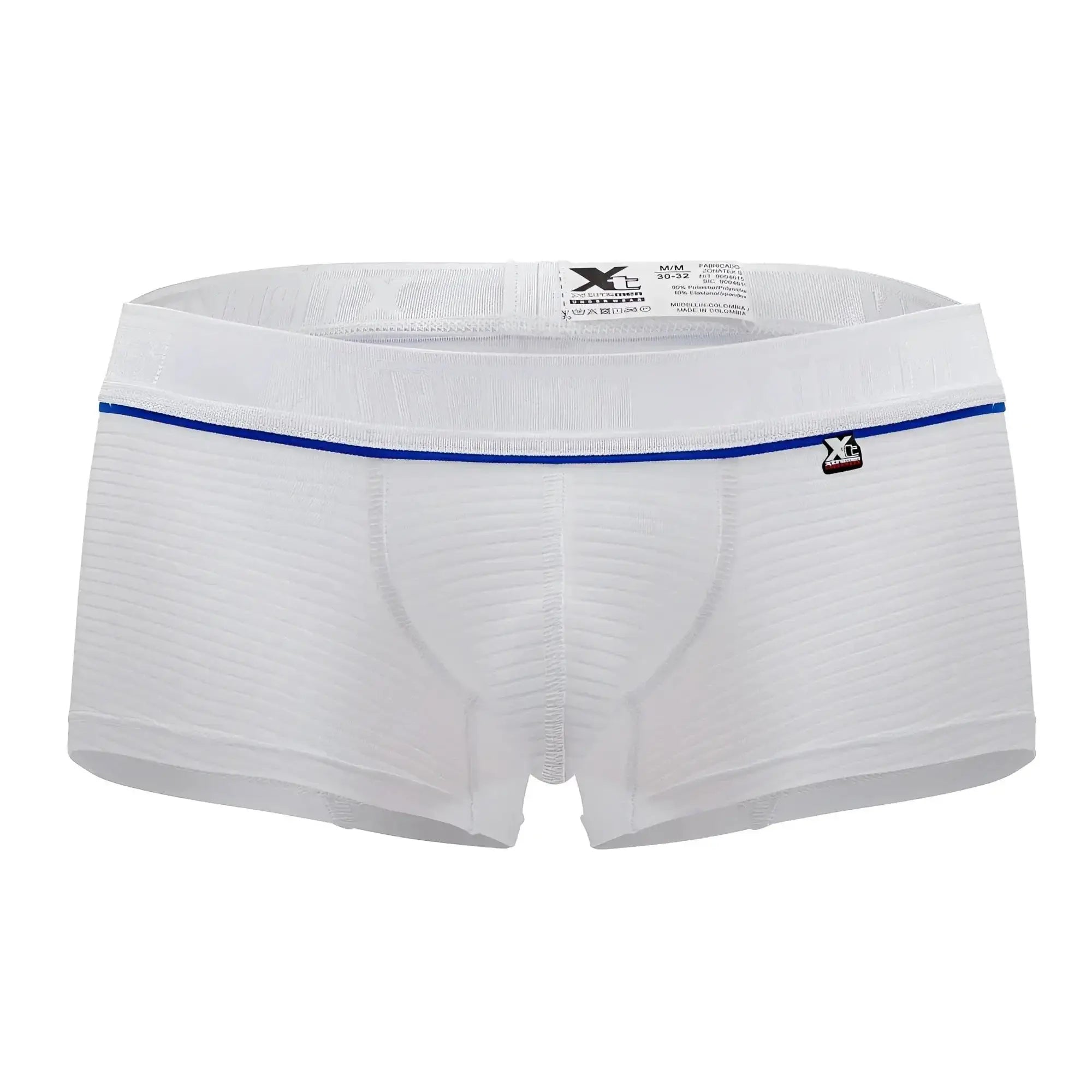 White xtremen 91196 jacquard trunks with ribbed texture thin blue waistband trim and small branded logo on side
