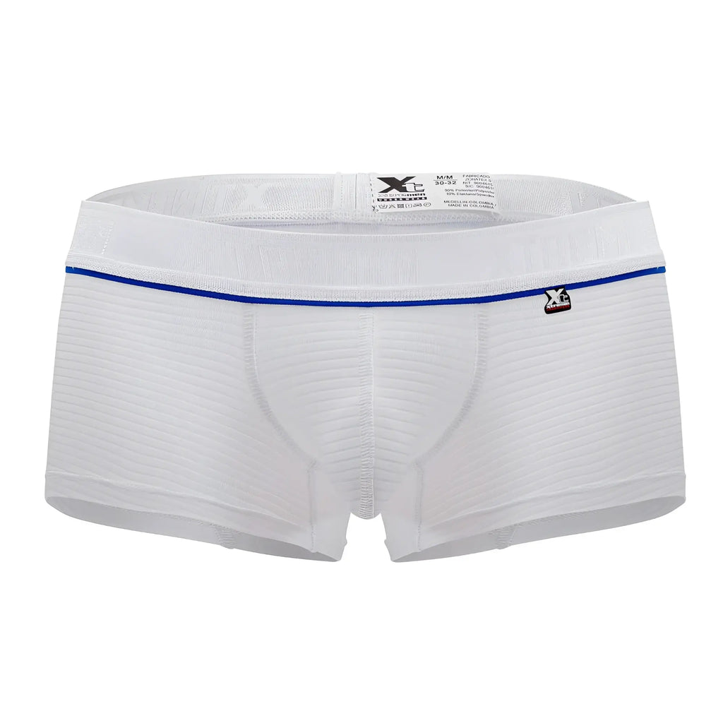 White xtremen 91196 jacquard trunks with ribbed texture thin blue waistband trim and small branded logo on side