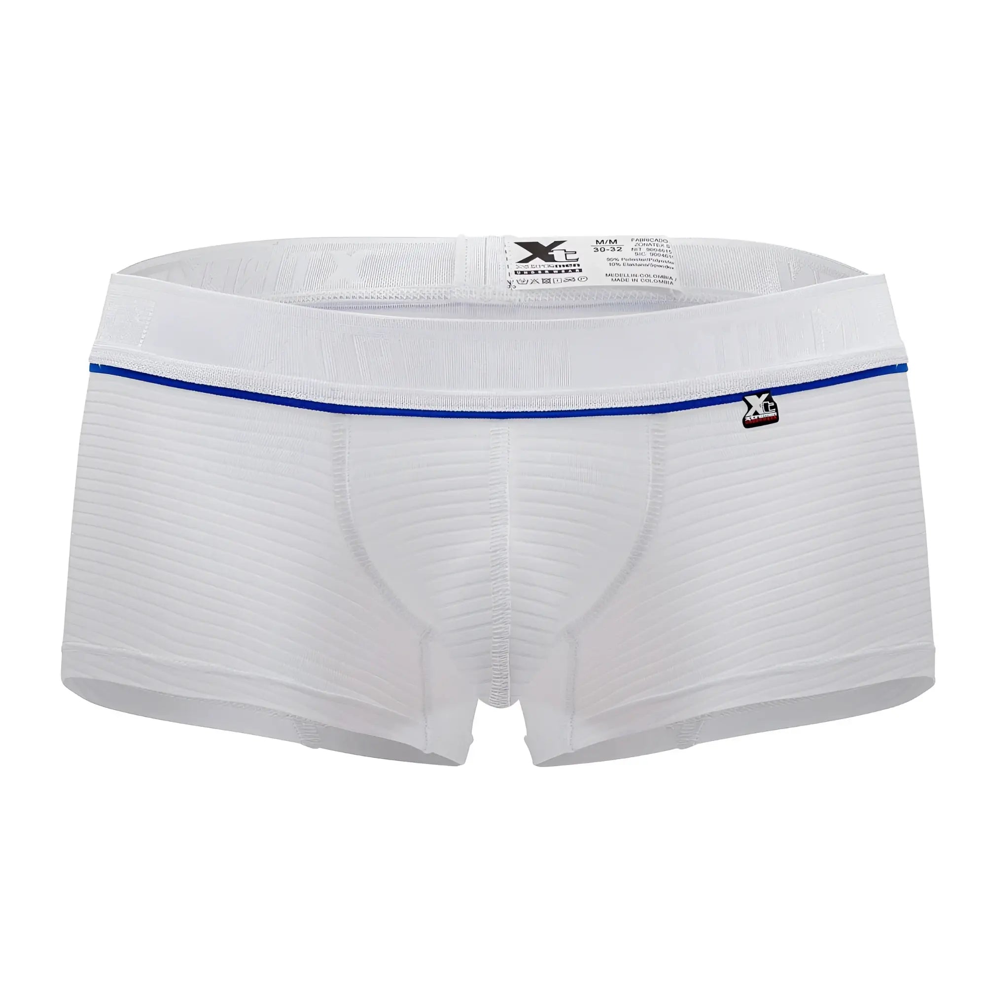 White xtremen 91196 jacquard trunks with ribbed texture thin blue waistband trim and small branded logo on side