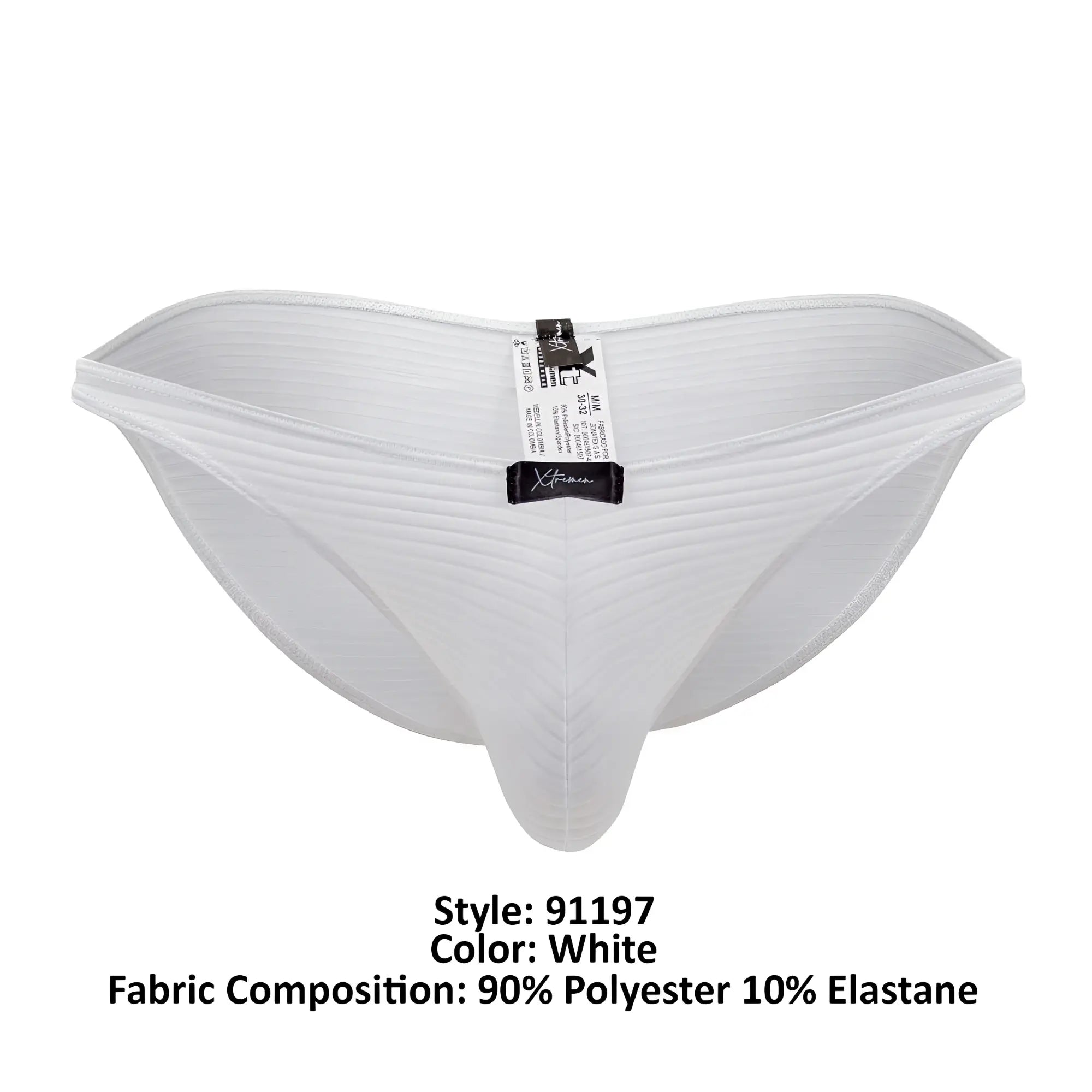 White xtremen 91197 jacquard bikini briefs with ribbed texture and black brand tag