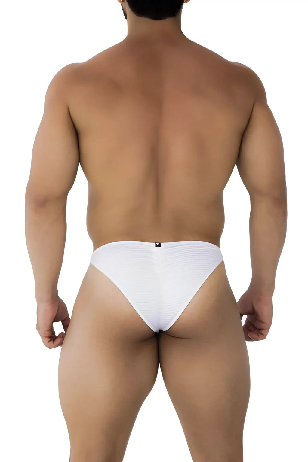White xtremen 91197 jacquard bikini briefs with a textured pattern and black logo on the back side