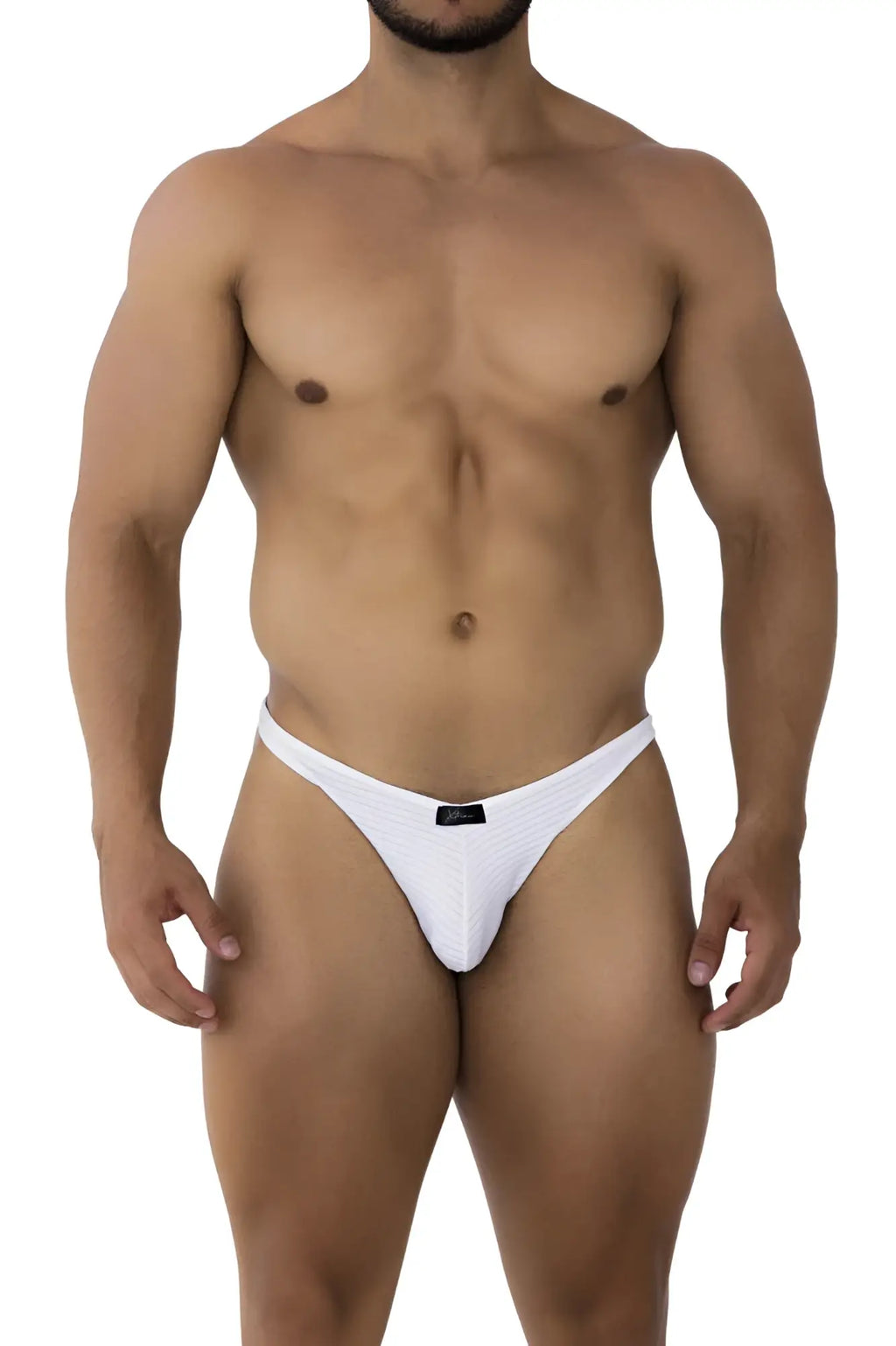 White xtremen 91197 jacquard bikini thong made of smooth fabric with a small black brand tag at the center back
