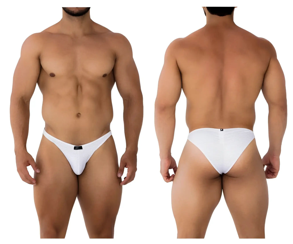 White xtremen 91197 jacquard bikini thong briefs with smooth seamless design and black brand tag at the front