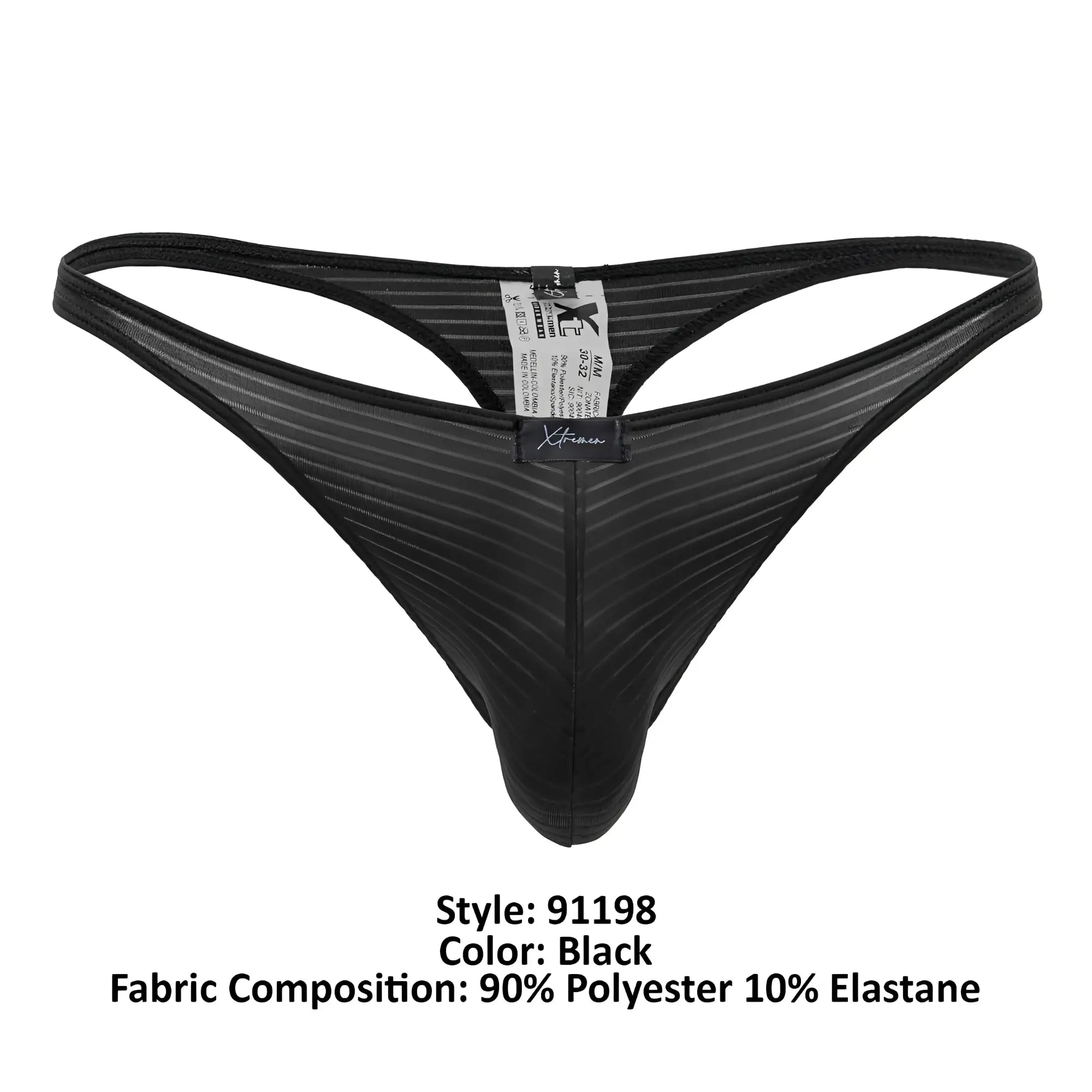Black xtremen 91198 jacquard thong with subtle ribbed texture mesh and branded label at center front
