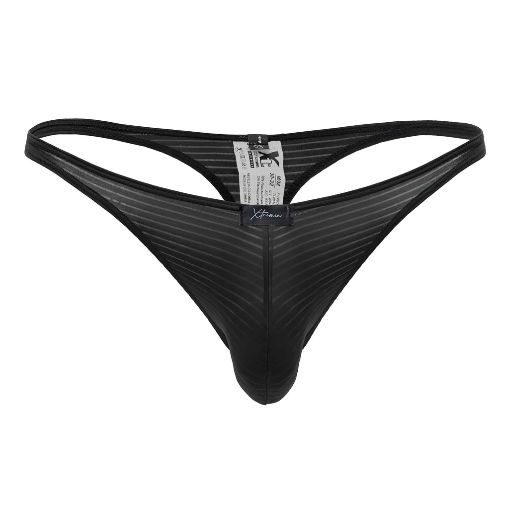 Back view of black xtremen 91198 jacquard thong with mesh fabric ribbed texture and branded label