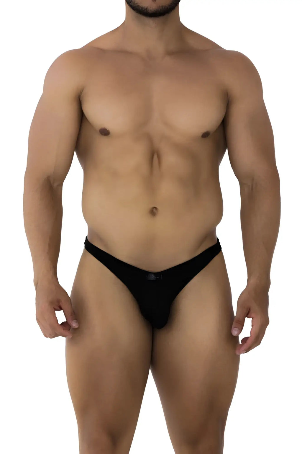Black xtremen 91198 jacquard thong featuring a small logo on the front with jacquard fabric design