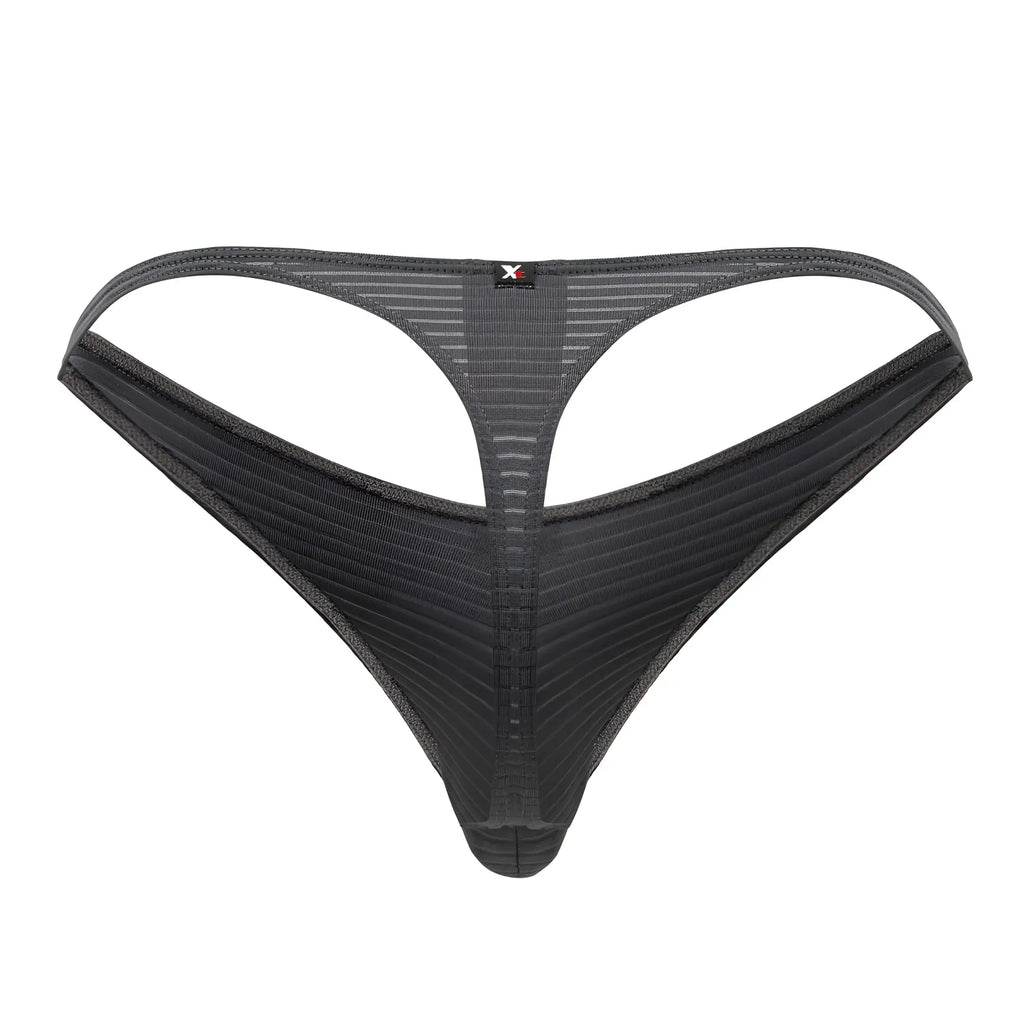 Back side of xtremen 91198 jacquard thong in gray with black mesh ribbed texture and small red logo at center back