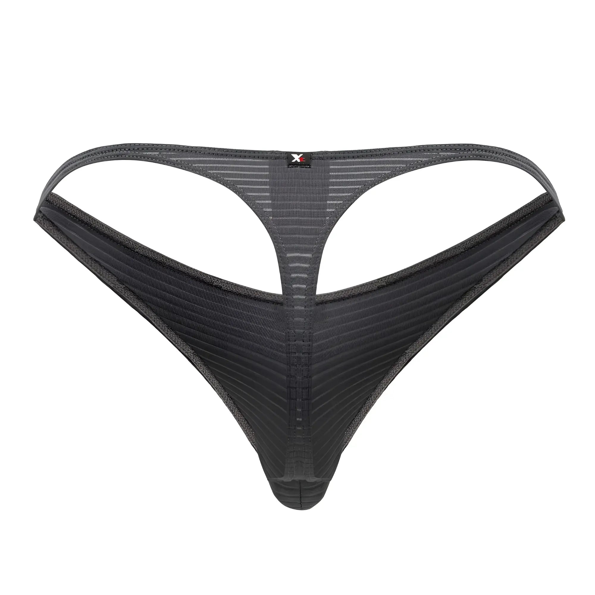 Back side of xtremen 91198 jacquard thong in gray with black mesh ribbed texture and small red logo at center back