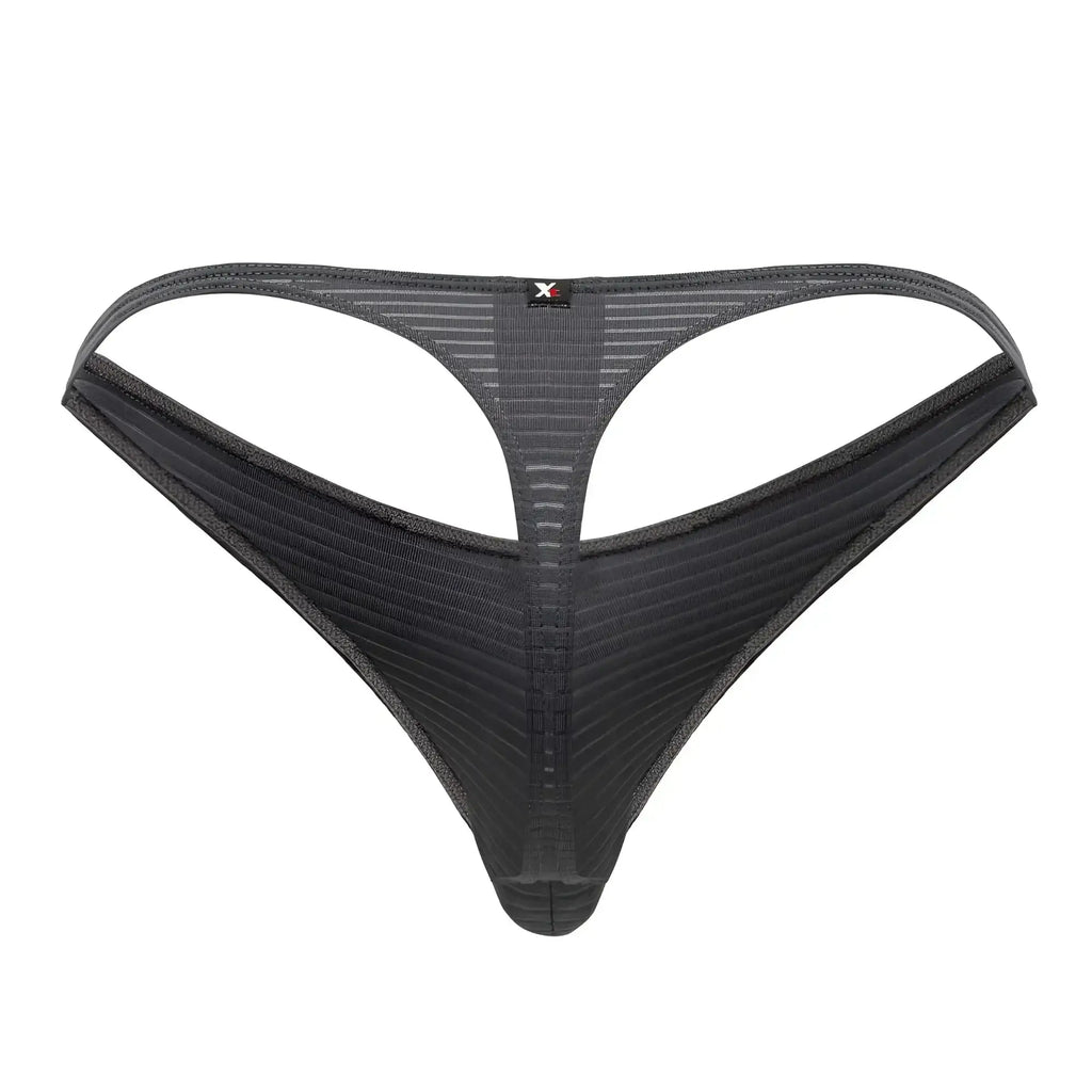 Back side of xtremen 91198 jacquard thong in gray with black mesh ribbed texture and small red logo at center back