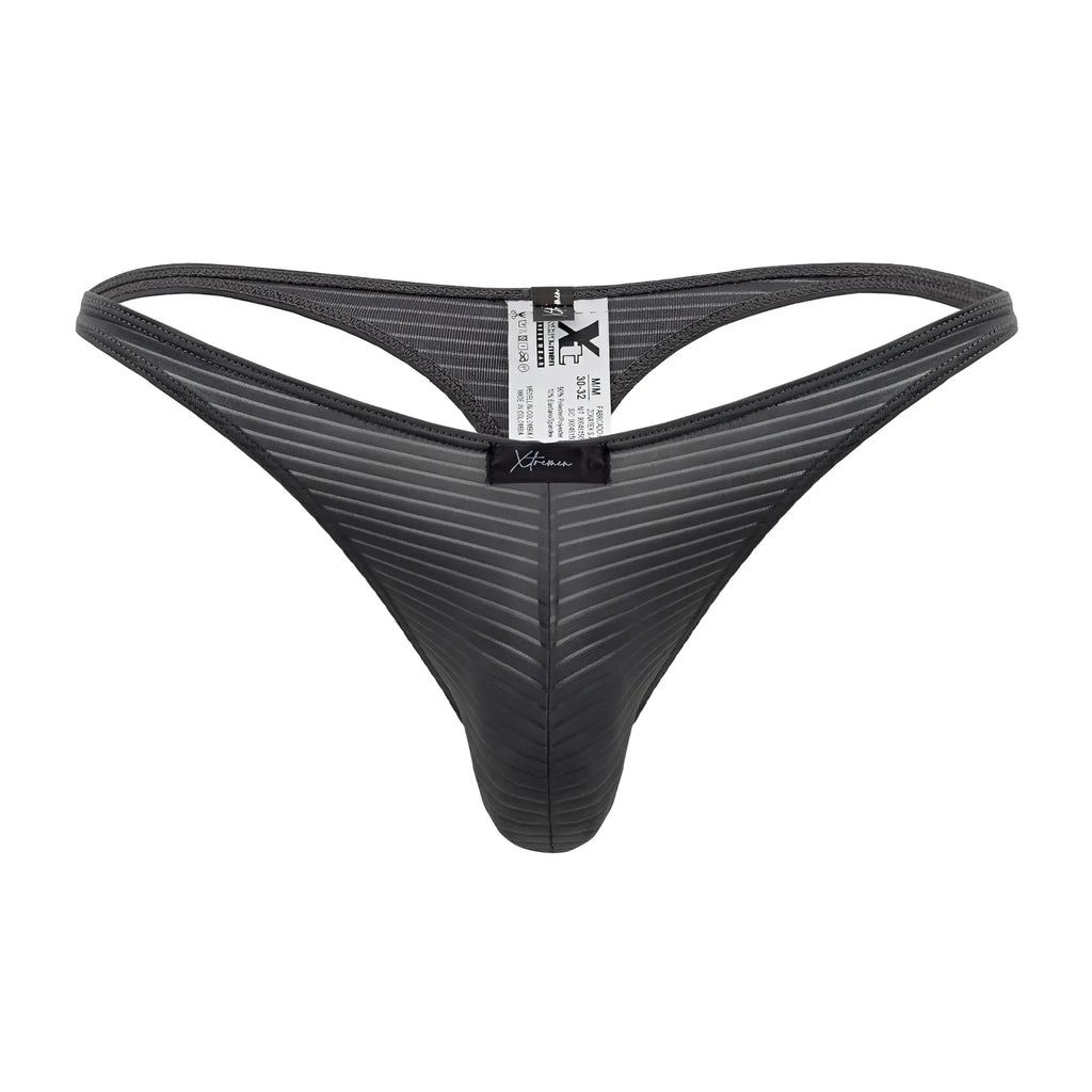 Black textured Xtremen 91198 Jacquard thong in gray with diagonal ribbing and a branded label visible on front