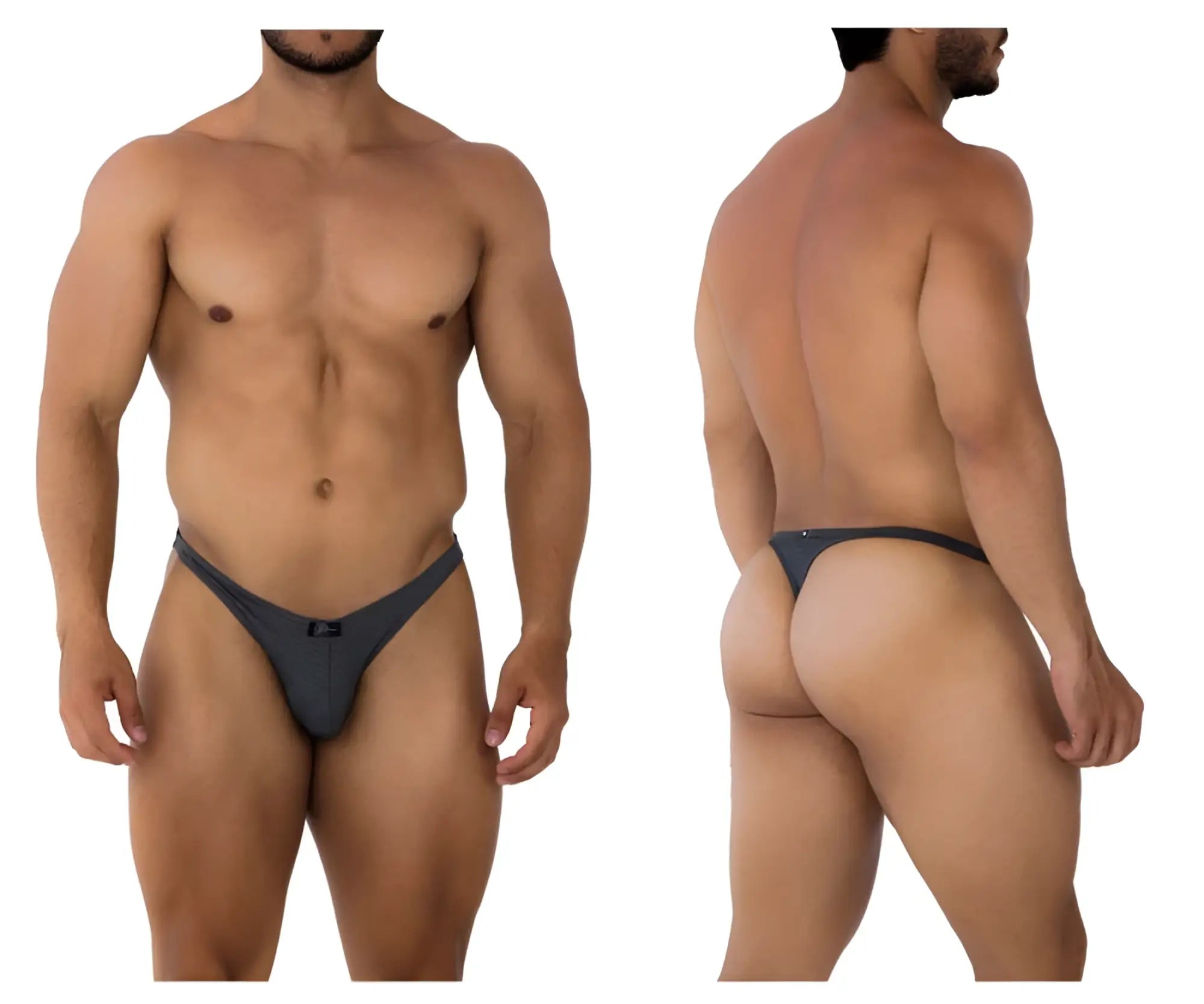 Dark gray seamless jacquard thong with form-fitting design and subtle logo on the front by xtremen 91198