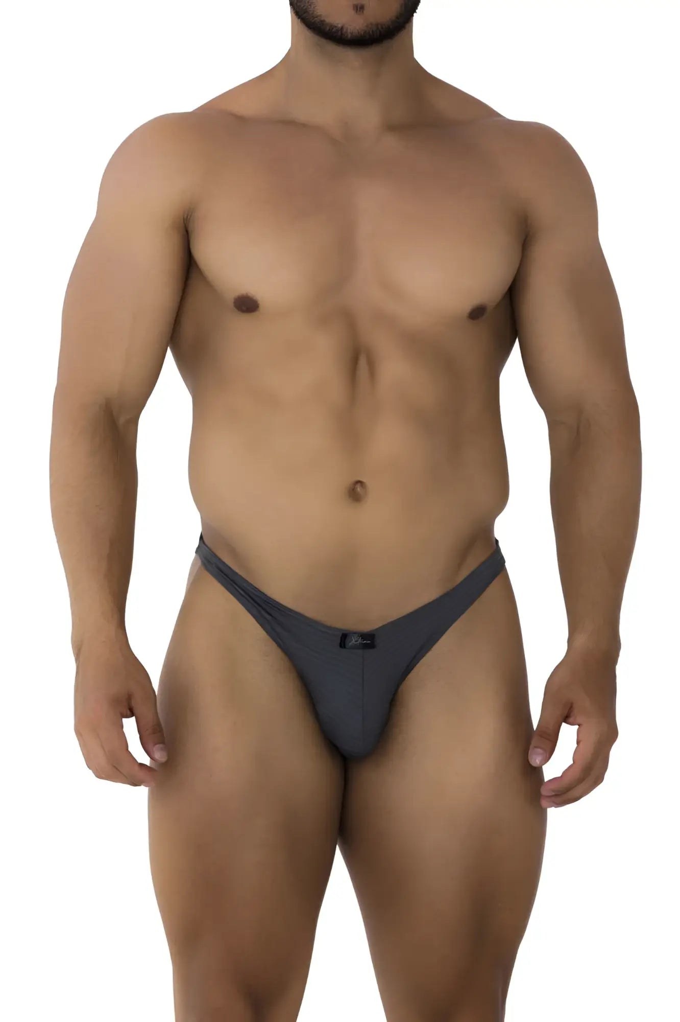 Dark gray form-fitting jacquard thong with a small black Xtremen brand tag at the center front