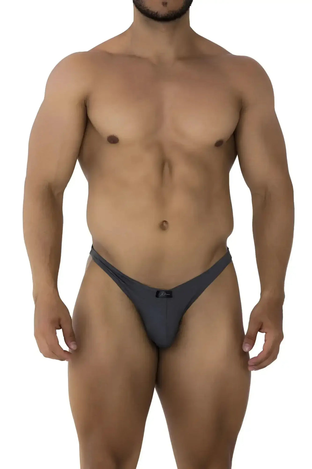 Dark gray form-fitting jacquard thong with a small black Xtremen brand tag at the center front