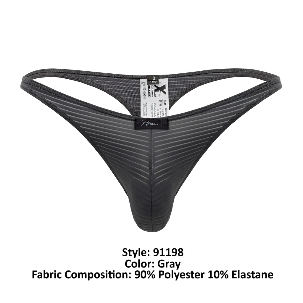 Gray Xtremen 91198 jacquard thong with ribbed texture and black elastic waistband made from polyester and elastane