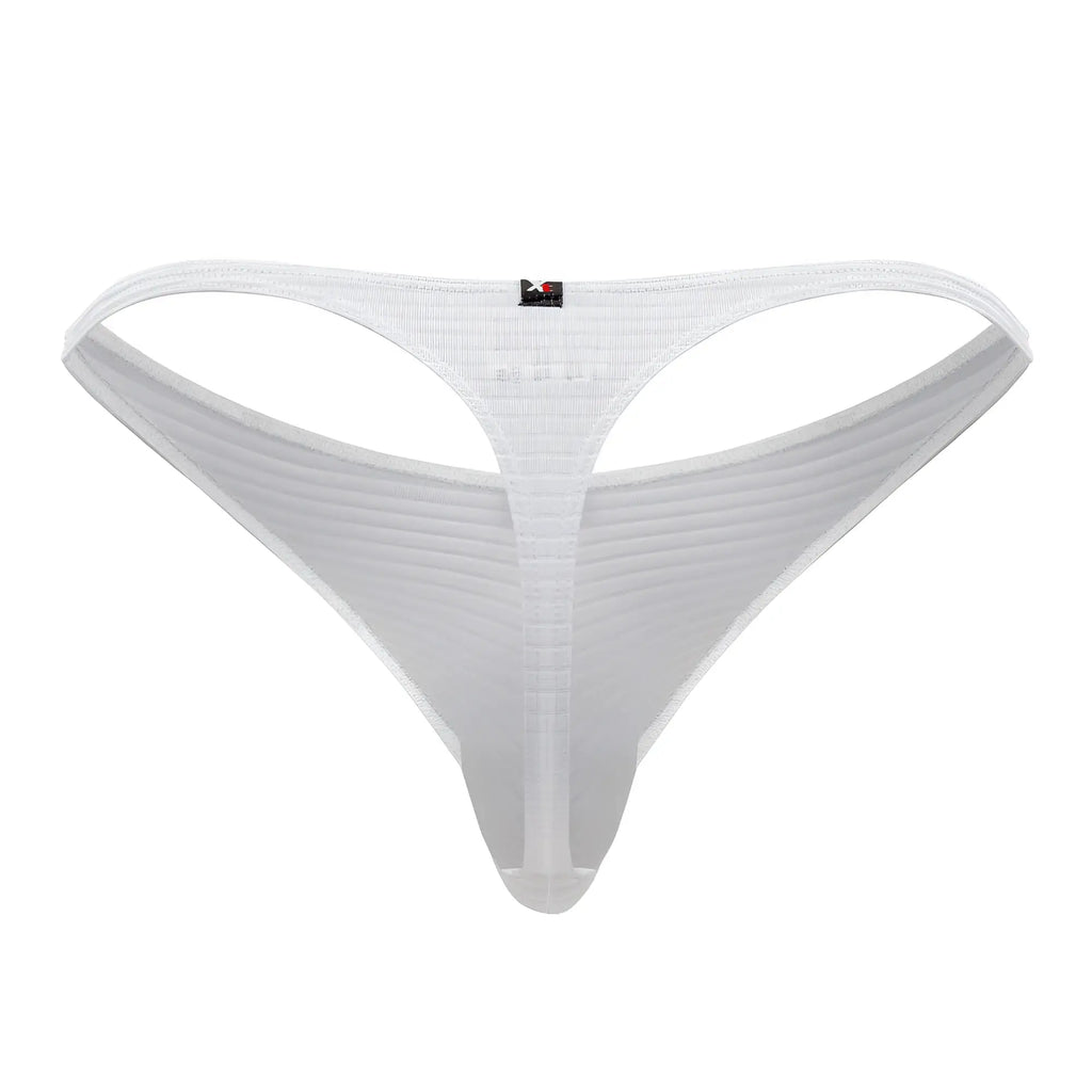 White xtremen 91198 jacquard thong back view with sheer mesh ribbed texture and small black logo tag