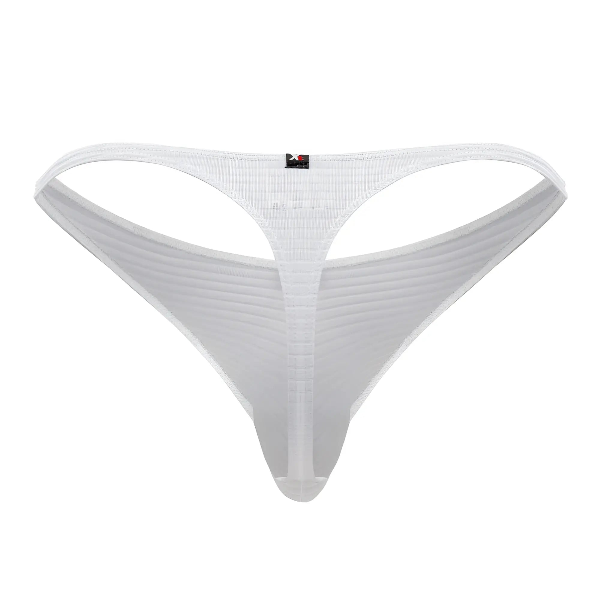 White xtremen 91198 jacquard thong back view with sheer mesh ribbed texture and small black logo tag