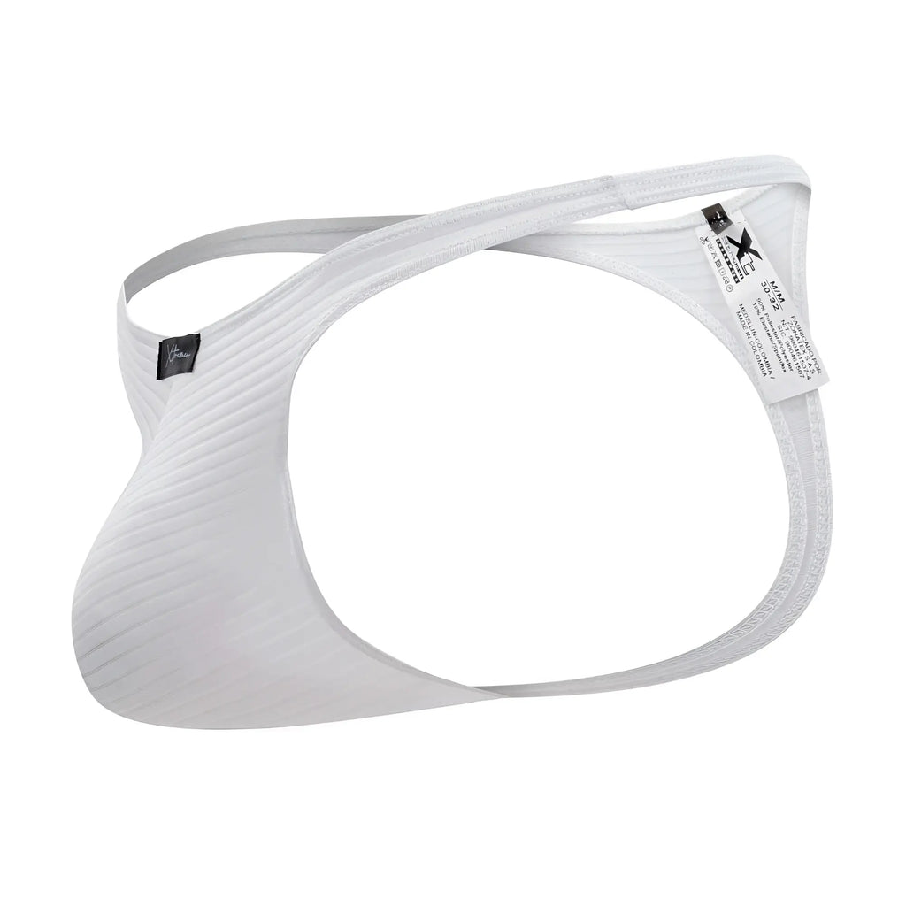 White xtremen 91198 jacquard thong with textured fabric jockstrap design and adjustable straps