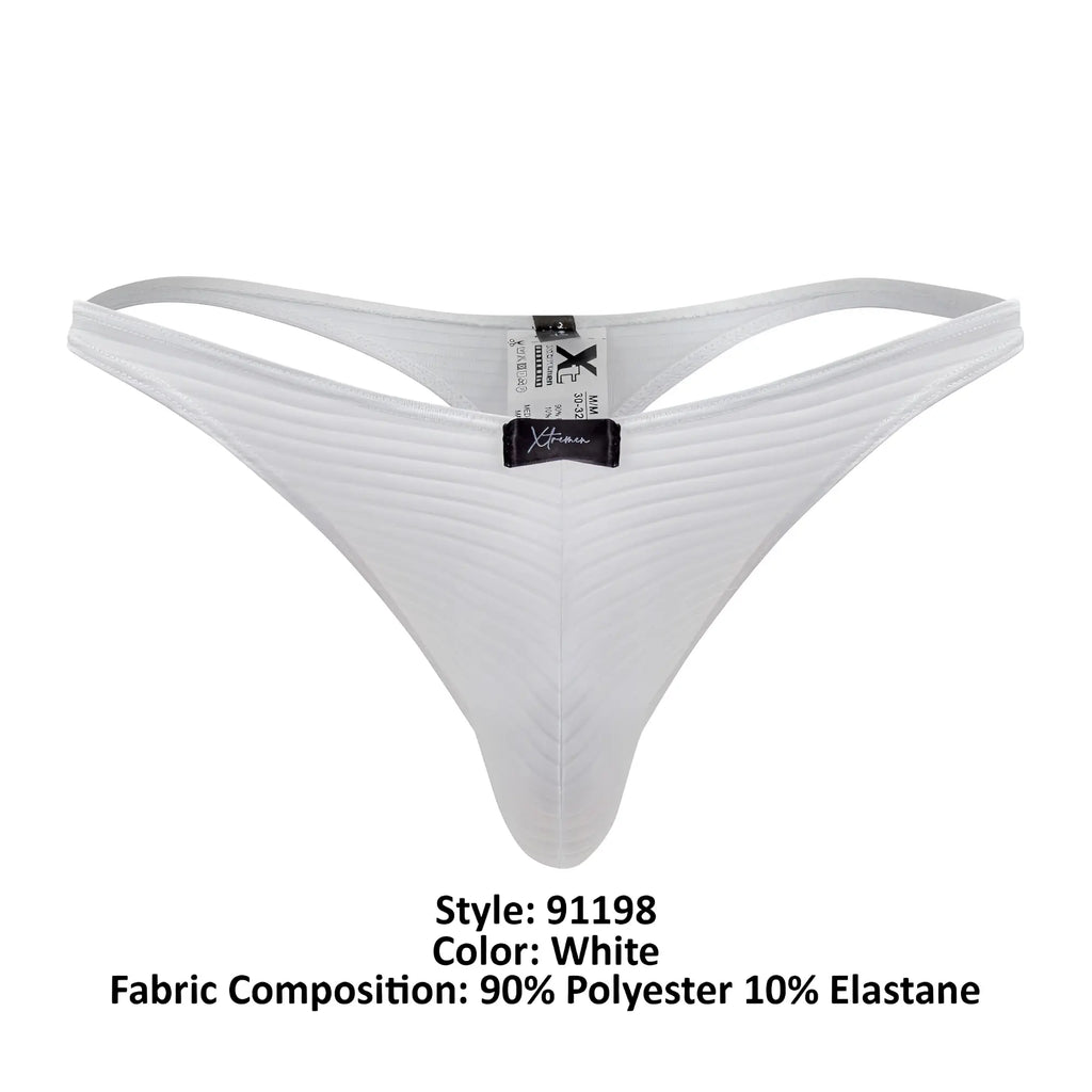 White xtremen 91198 jacquard thong with subtle ribbed texture and black brand tag shown from the back side