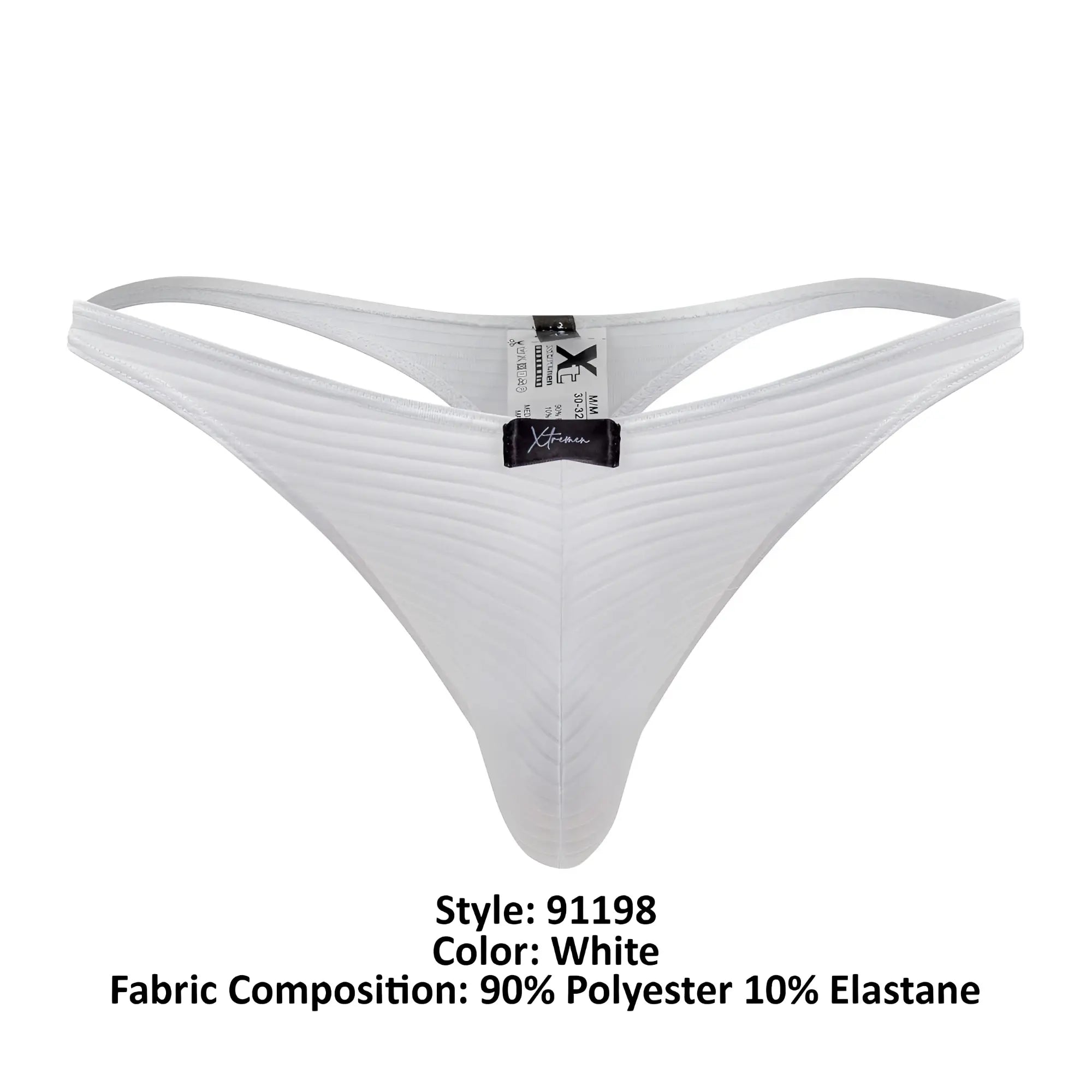 White xtremen 91198 jacquard thong with subtle ribbed texture and black brand tag shown from the back side