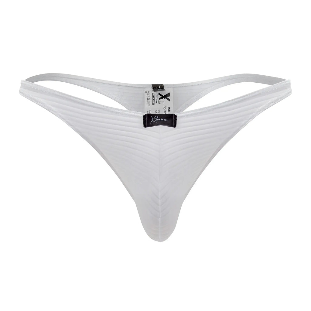 White Xtremen 91198 Jacquard thong with subtle vertical ribbing and a black brand tag at the center front