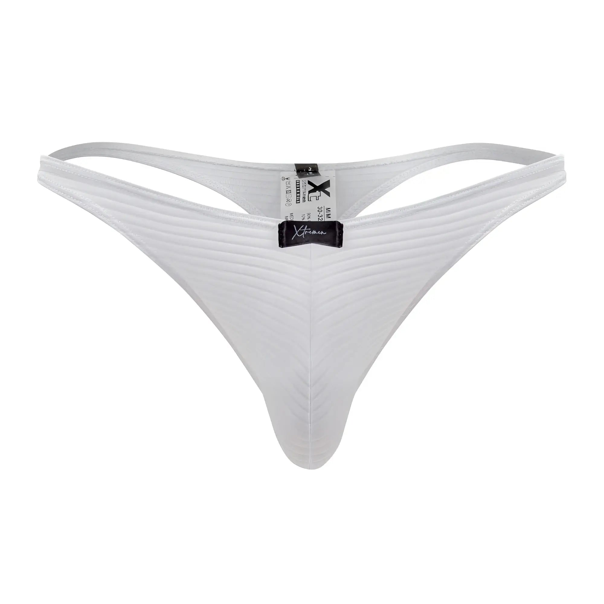 White Xtremen 91198 Jacquard thong with subtle vertical ribbing and a black brand tag at the center front