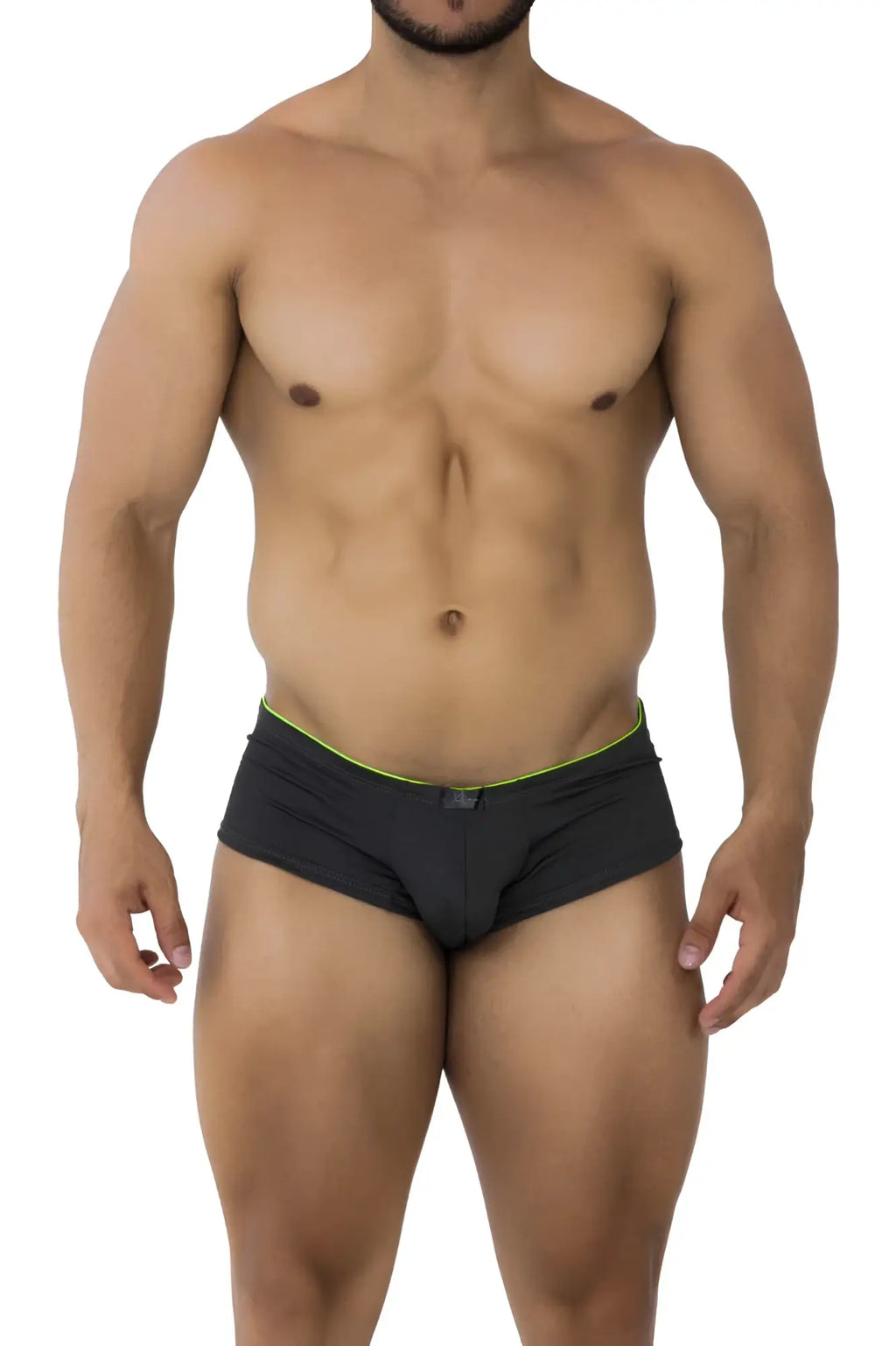 Black Xtremen 91199 jacquard trunks with neon green waistband trim in gray jacquard fabric for comfortable wear
