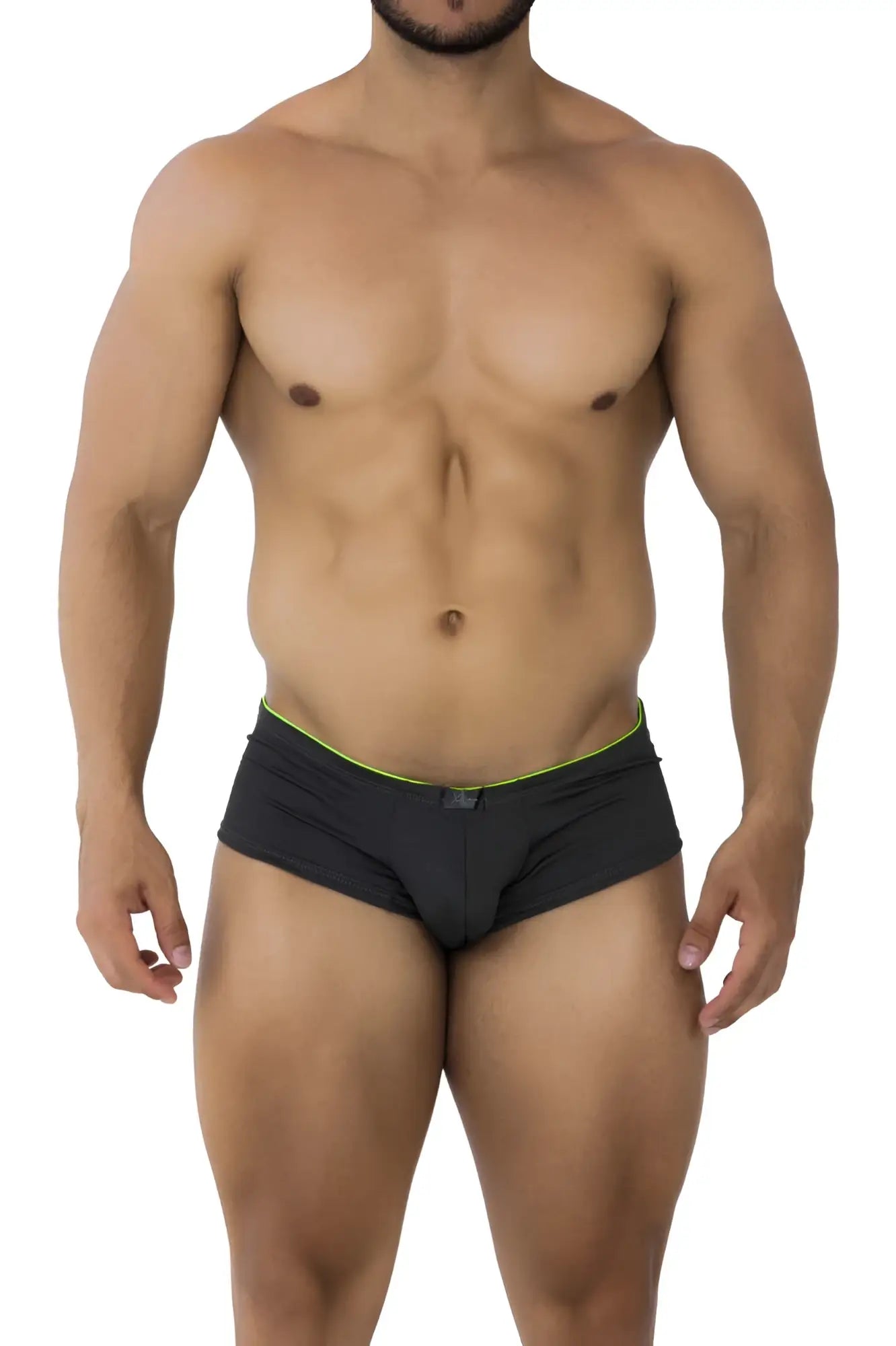 Black Xtremen 91199 jacquard trunks with neon green waistband trim in gray jacquard fabric for comfortable wear