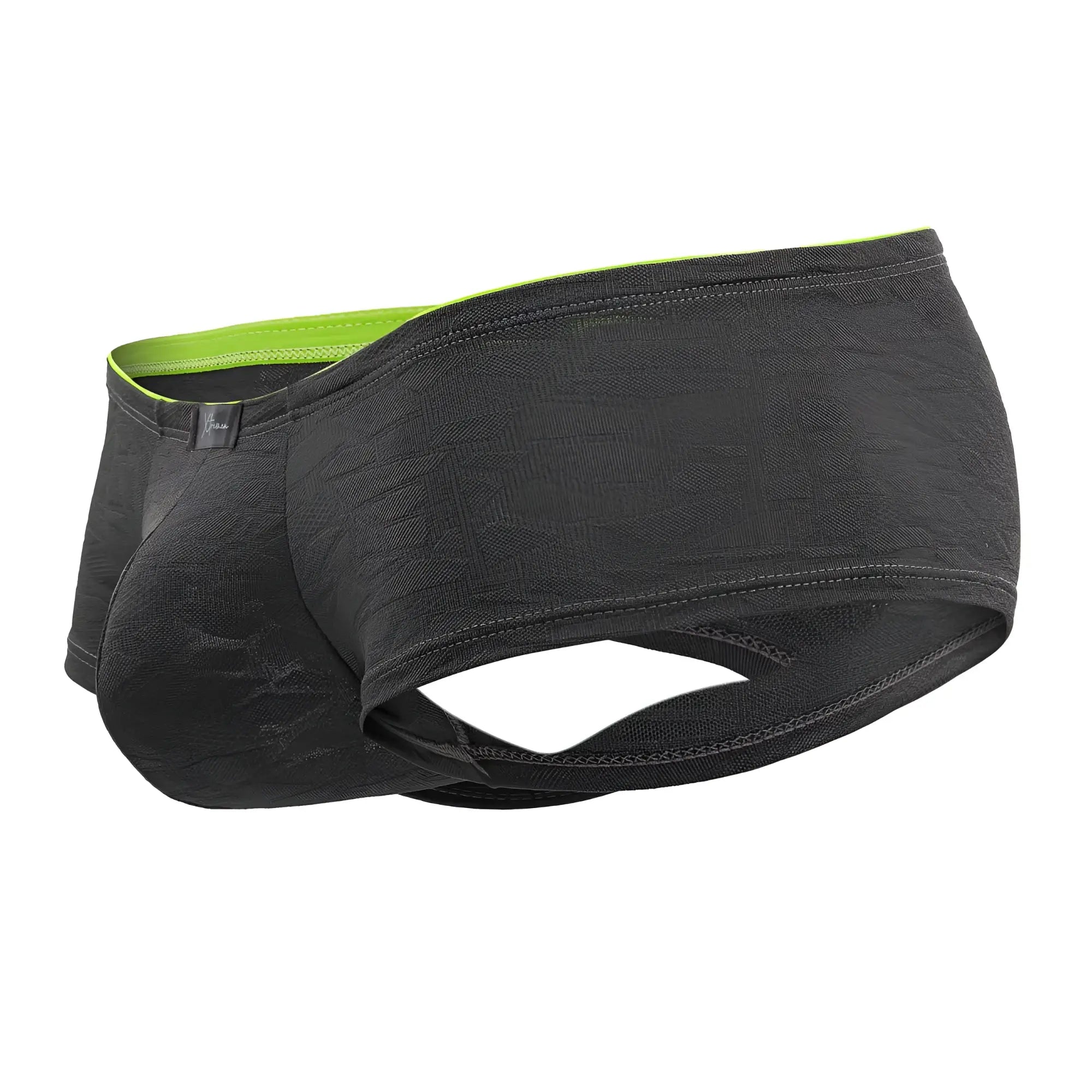 Black textured Xtremen 91199 jacquard trunks with neon green inner lining in gray color