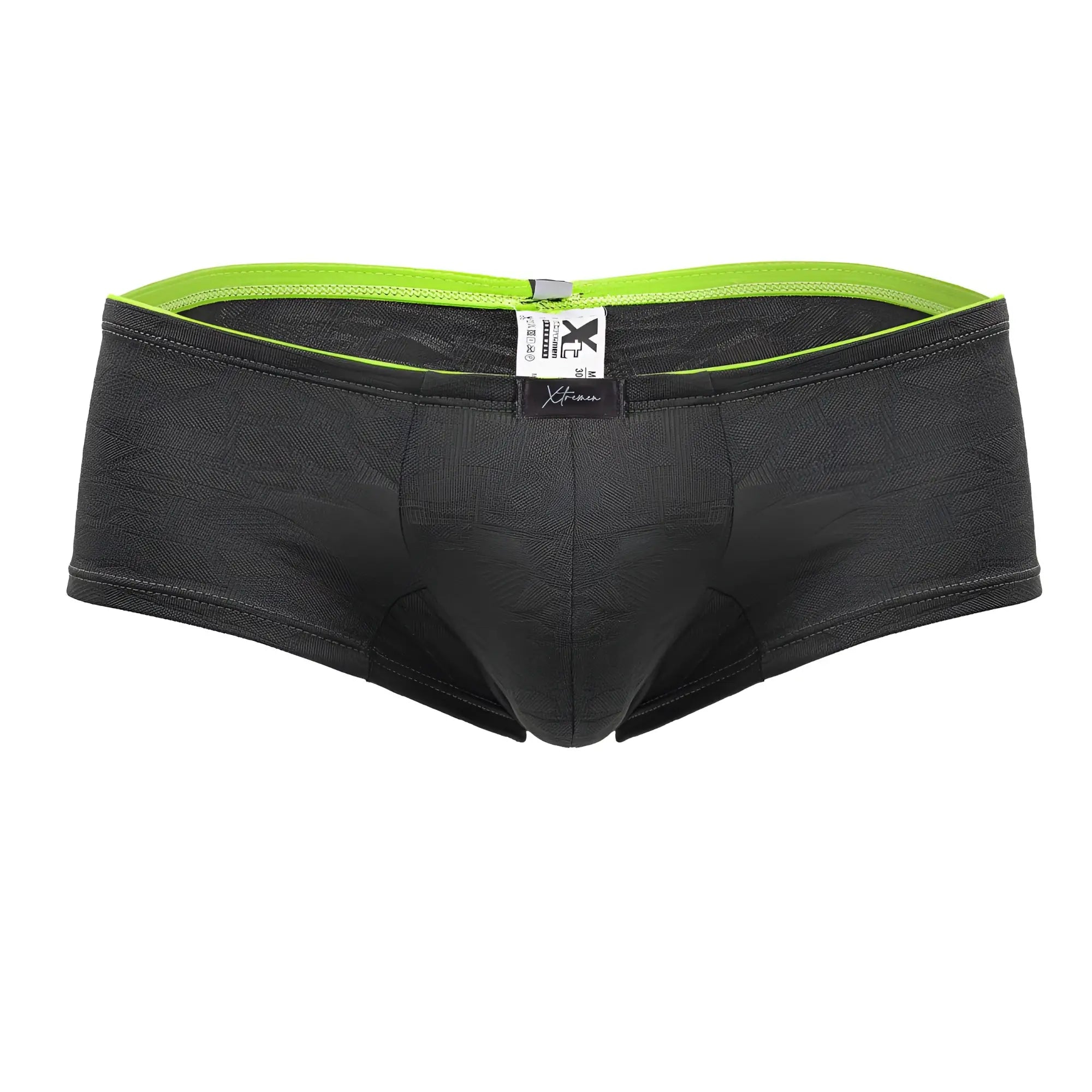 Xtremen 91199 jacquard trunks in gray with black textured briefs and vibrant neon green waistband with branded tag