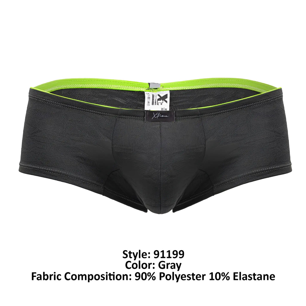 Gray xtremen 91199 jacquard trunks with neon green waistband and subtle textured fabric front view