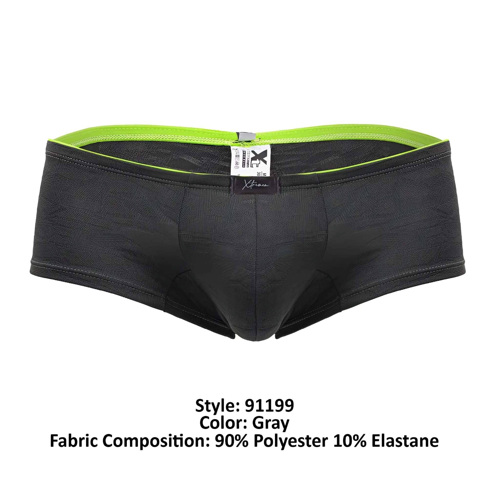 Gray xtremen 91199 jacquard trunks with neon green waistband and subtle textured fabric front view