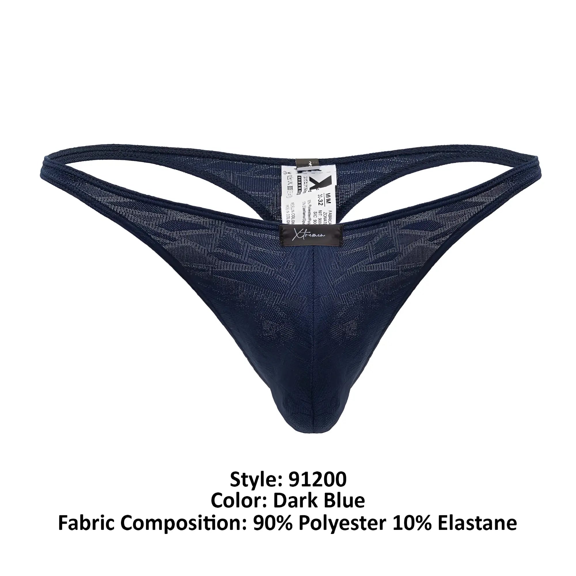 Dark blue xtremen 91200 jacquard thong back side with subtle geometric lace pattern and branded tag