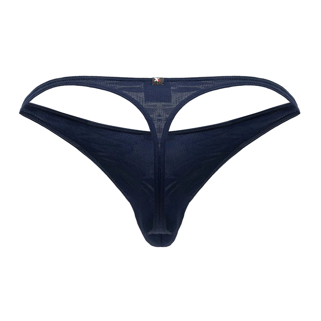 Dark blue mesh Xtremen 91200 Jacquard thong with central cutout and small brand tag on the back side