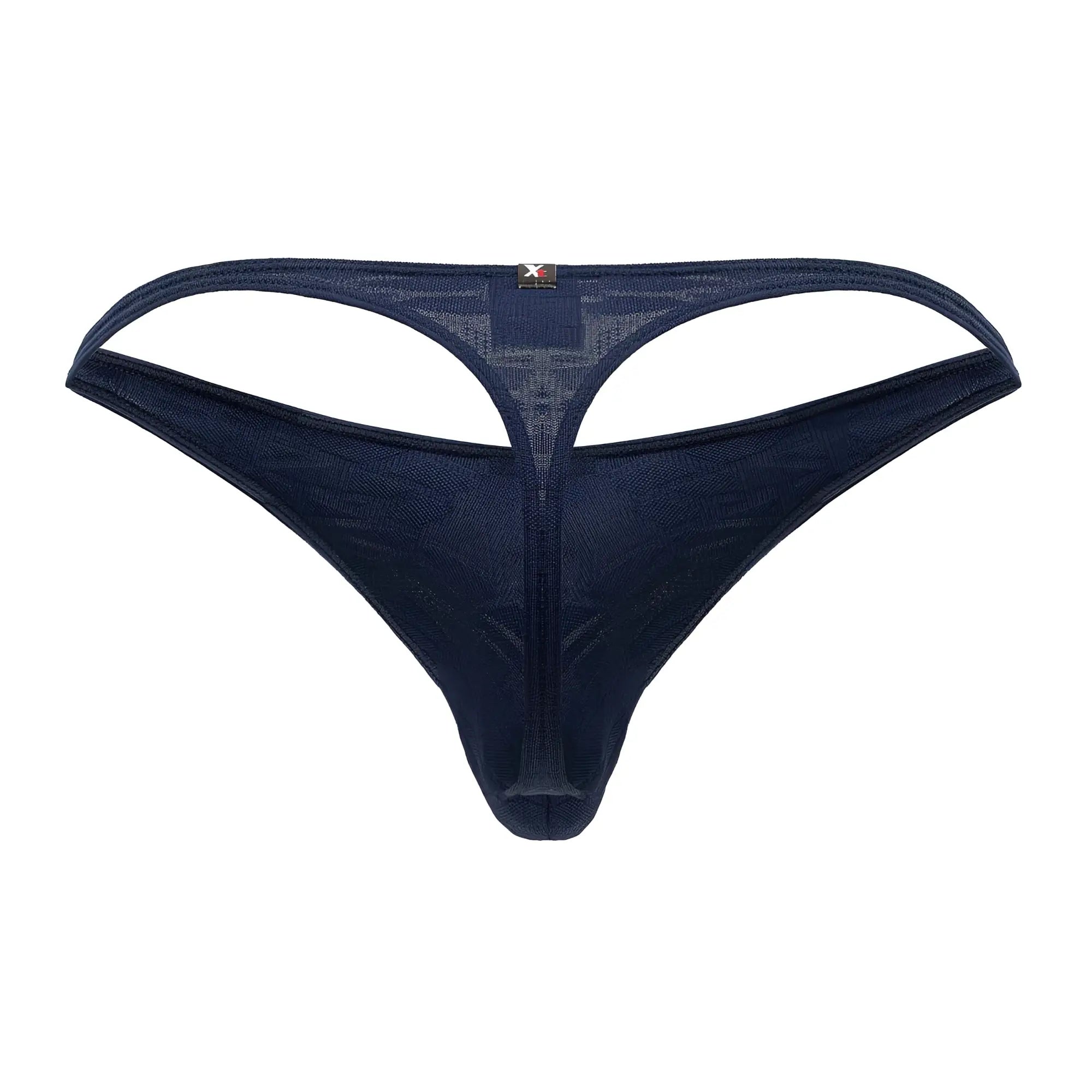 Dark blue mesh Xtremen 91200 Jacquard thong with central cutout and small brand tag on the back side