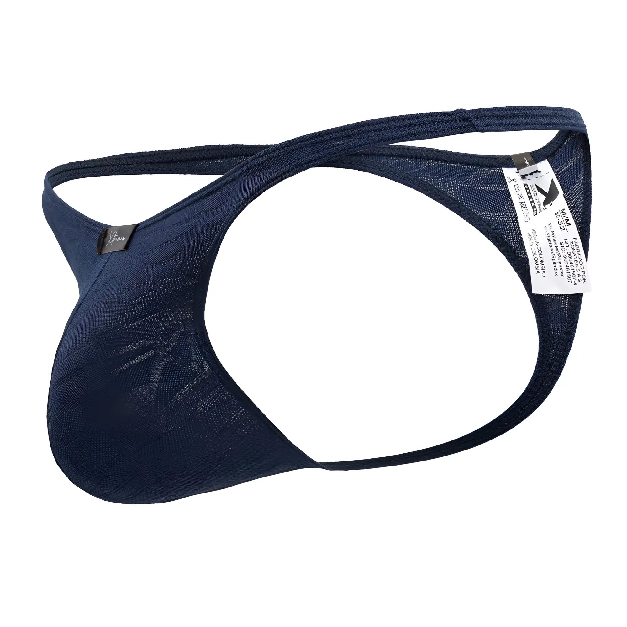 Navy blue mesh Xtremen 91200 Jacquard thong with supportive contoured design and branded tag