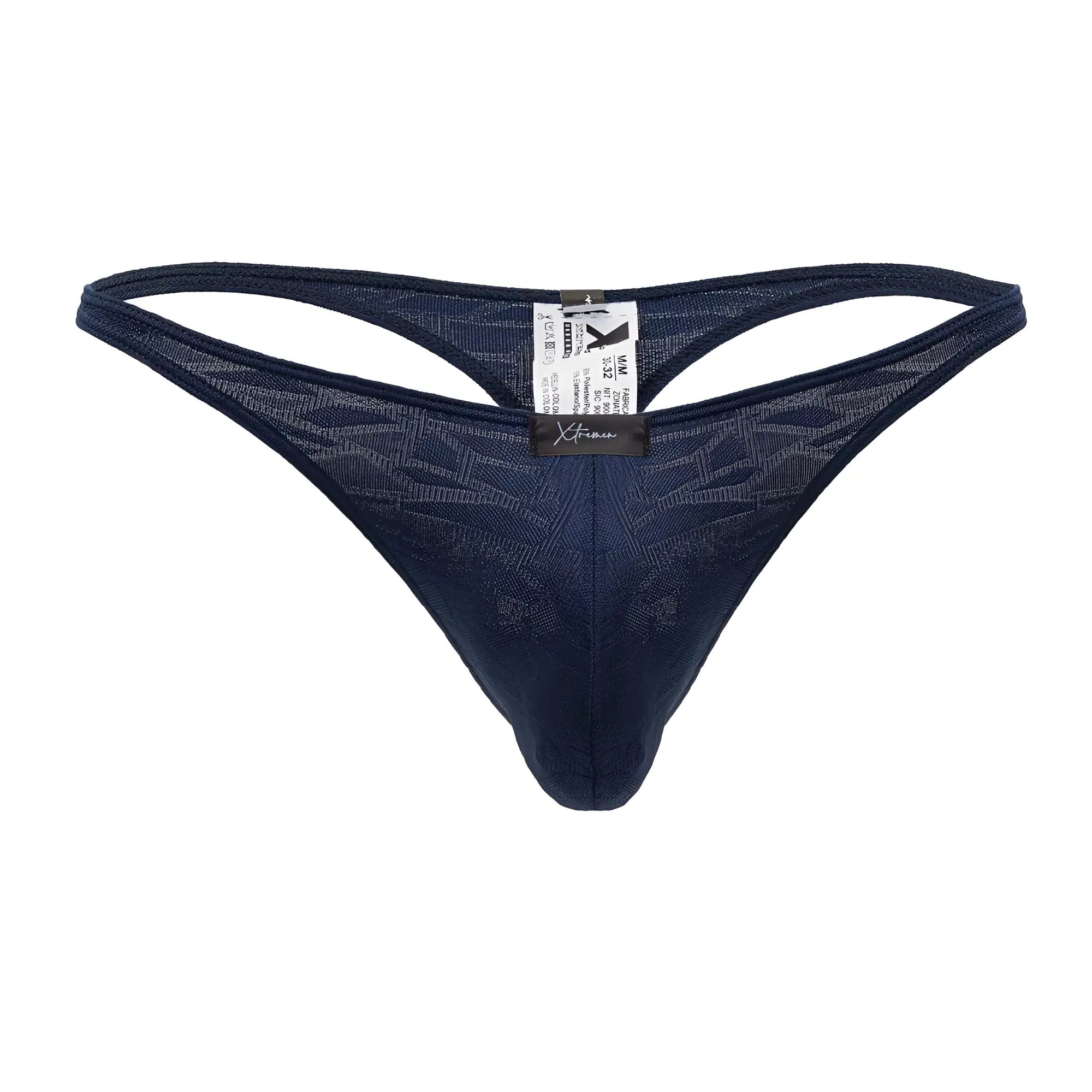 Dark blue xtremen 91200 jacquard thong in sheer mesh with subtle geometric pattern and branded back tag visible