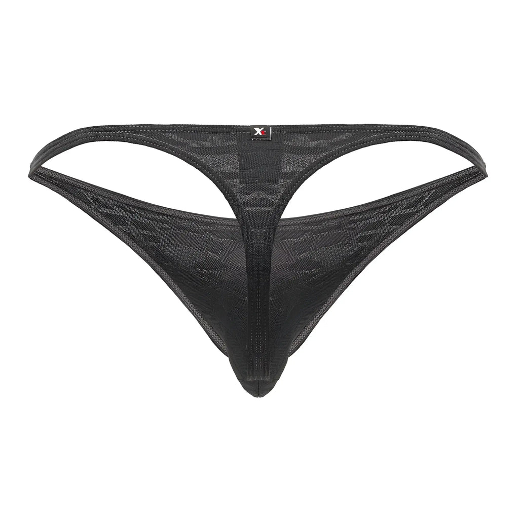 Gray xtremen 91200 jacquard thong with black mesh, subtle geometric pattern, and small red logo on waistband front
