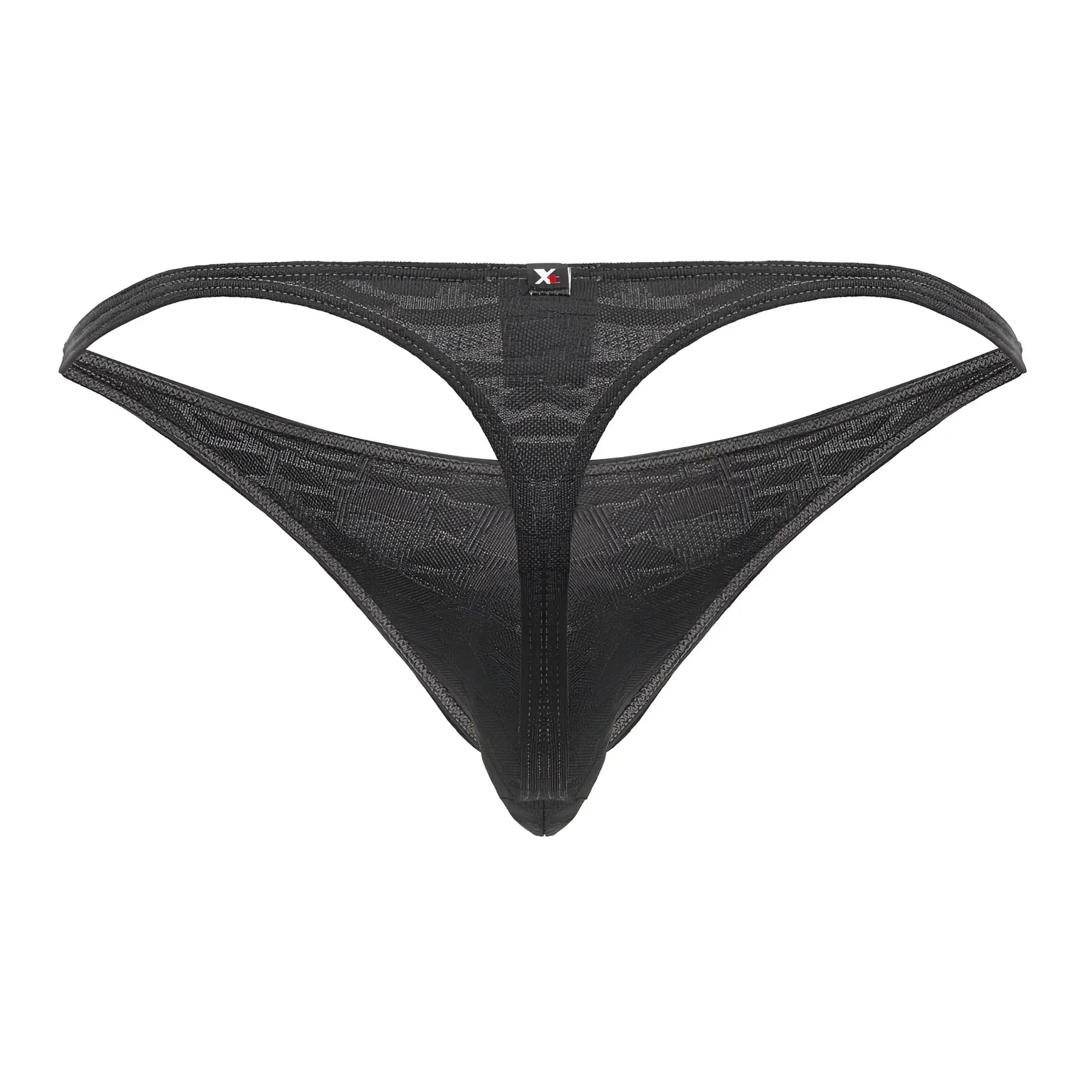 Gray xtremen 91200 jacquard thong with black mesh, subtle geometric pattern, and small red logo on waistband front