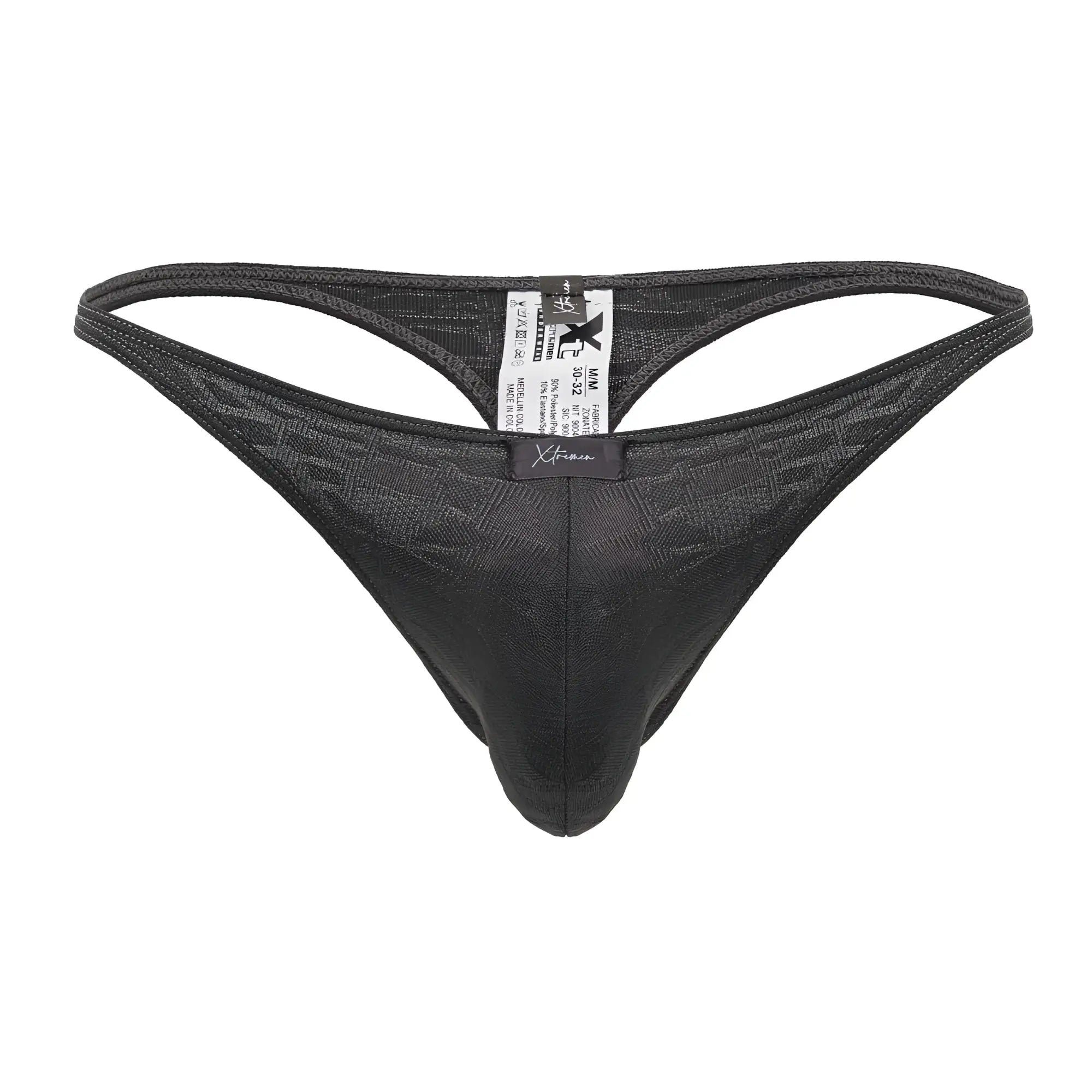 Black textured mesh xtremen 91200 jacquard thong in gray showing the back with a branded tag