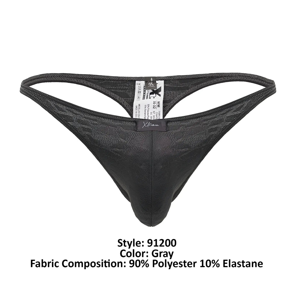 Xtremen 91200 jacquard thong in gray with subtle textured pattern made from 90 polyester 10 elastane